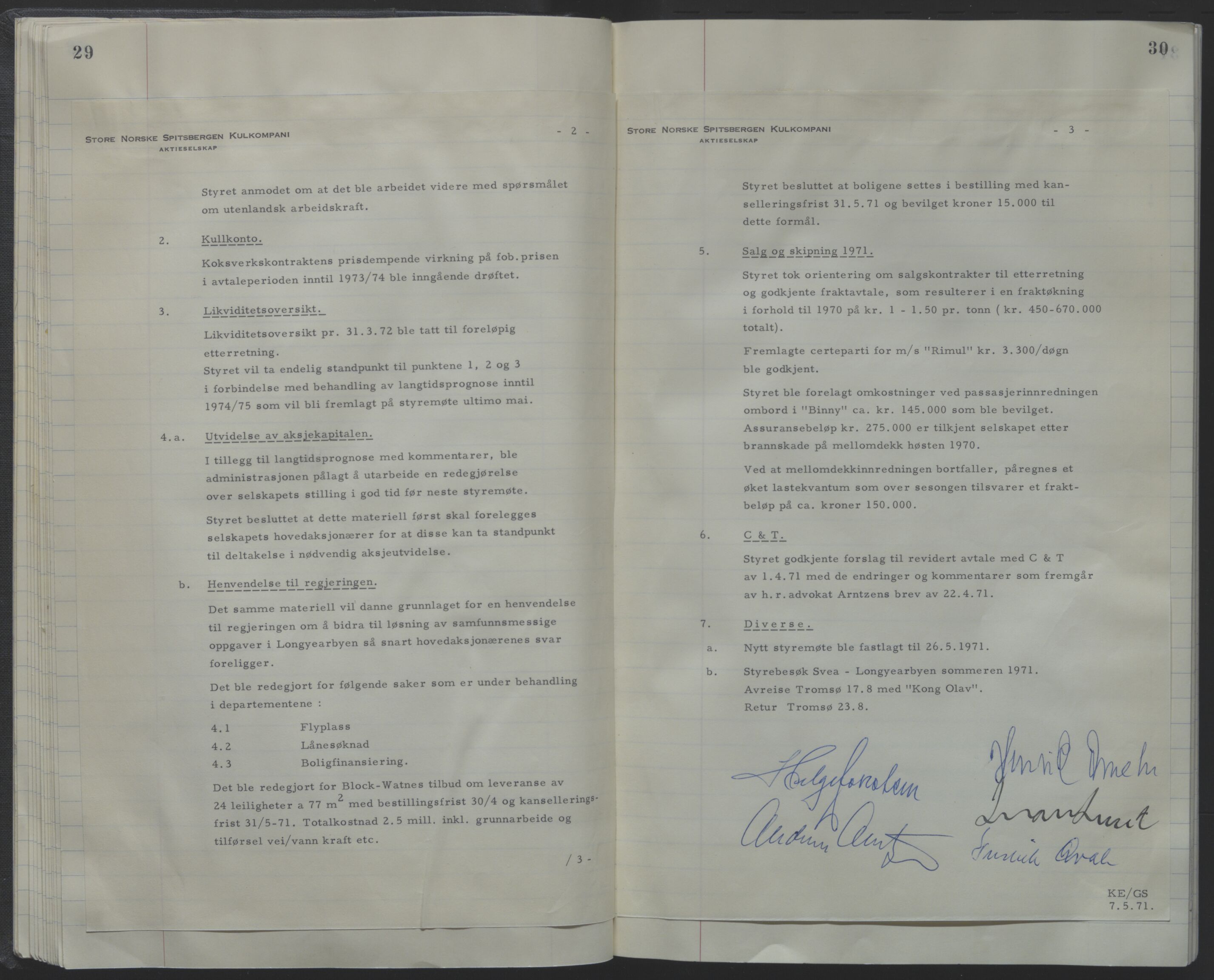 Store Norske Spitsbergen Kulkompani A/S, AV/SATØ-P-0073/09/A/Ab/Aba/L0001: Styreprotokoll 6, 1970-1979, p. 29-30