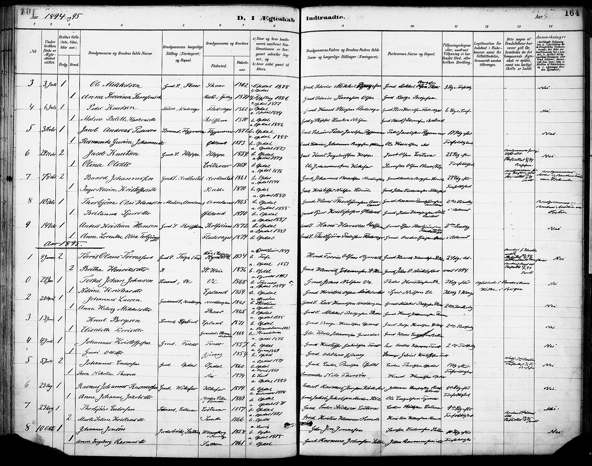 Tysnes sokneprestembete, SAB/A-78601/H/Haa: Parish register (official) no. D 1, 1887-1904, p. 164
