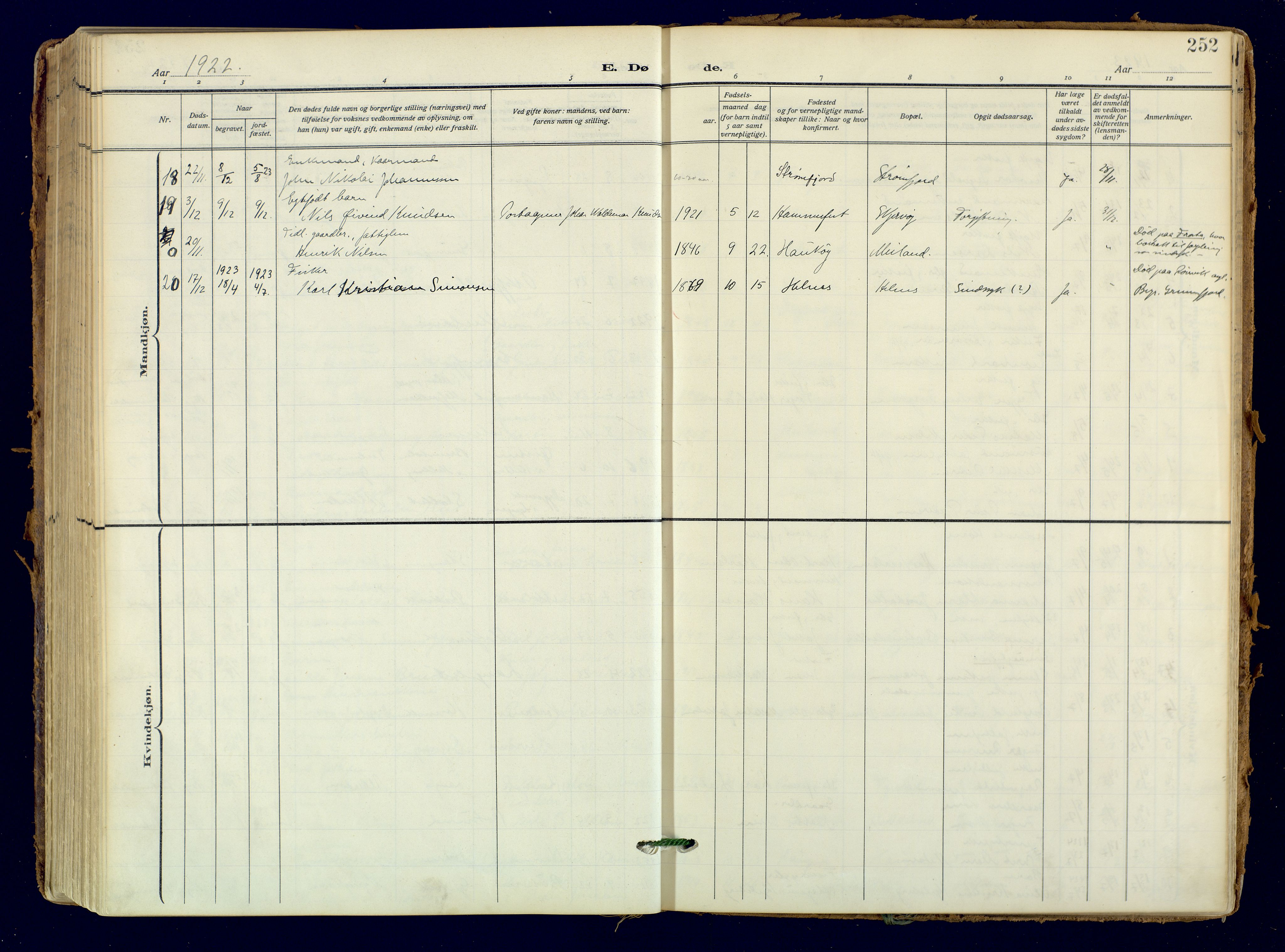 Skjervøy sokneprestkontor, AV/SATØ-S-1300/H/Ha/Haa: Parish register (official) no. 18, 1910-1926, p. 252