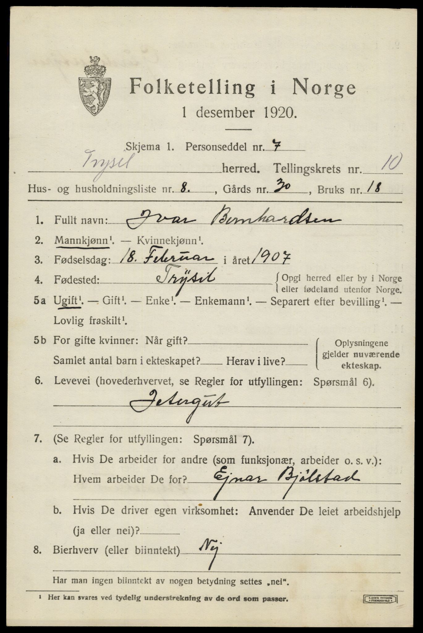 SAH, 1920 census for Trysil, 1920, p. 6955