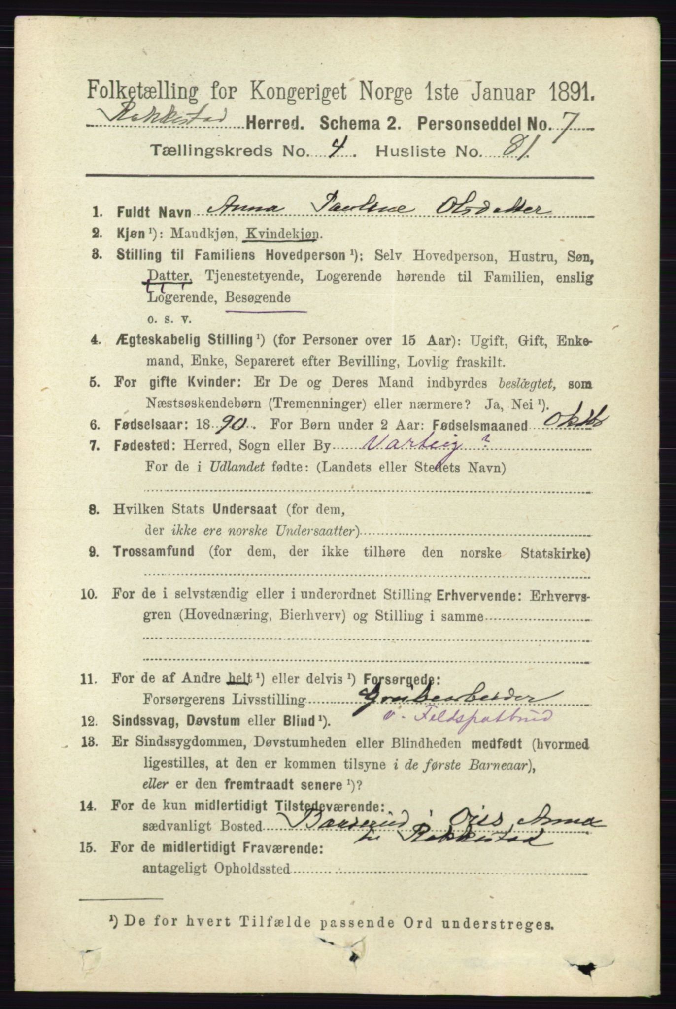 RA, 1891 census for 0128 Rakkestad, 1891, p. 2206