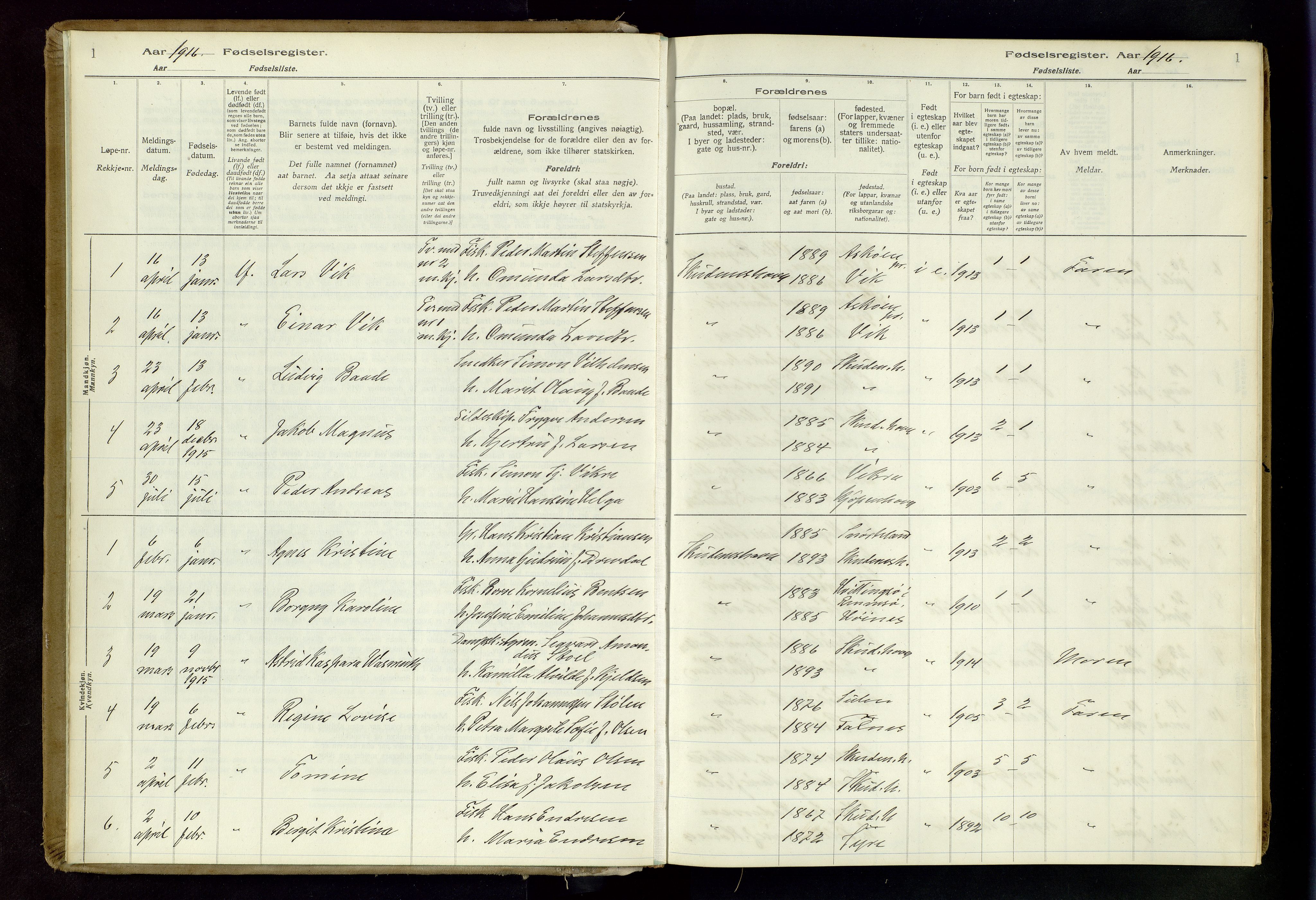 Skudenes sokneprestkontor, SAST/A -101849/I/Id/L0003: Birth register no. 3, 1916-1964, p. 1