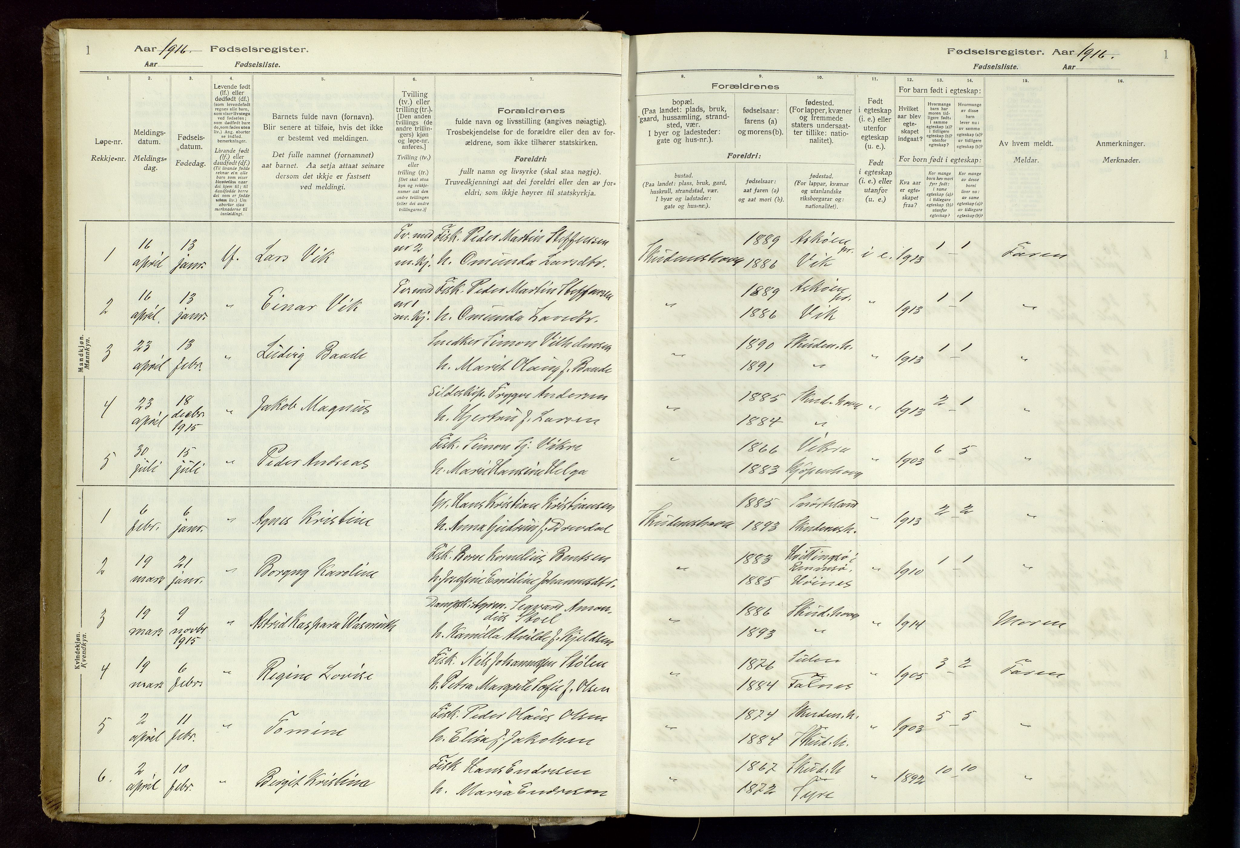 Skudenes sokneprestkontor, AV/SAST-A -101849/I/Id/L0003: Birth register no. 3, 1916-1964, p. 1