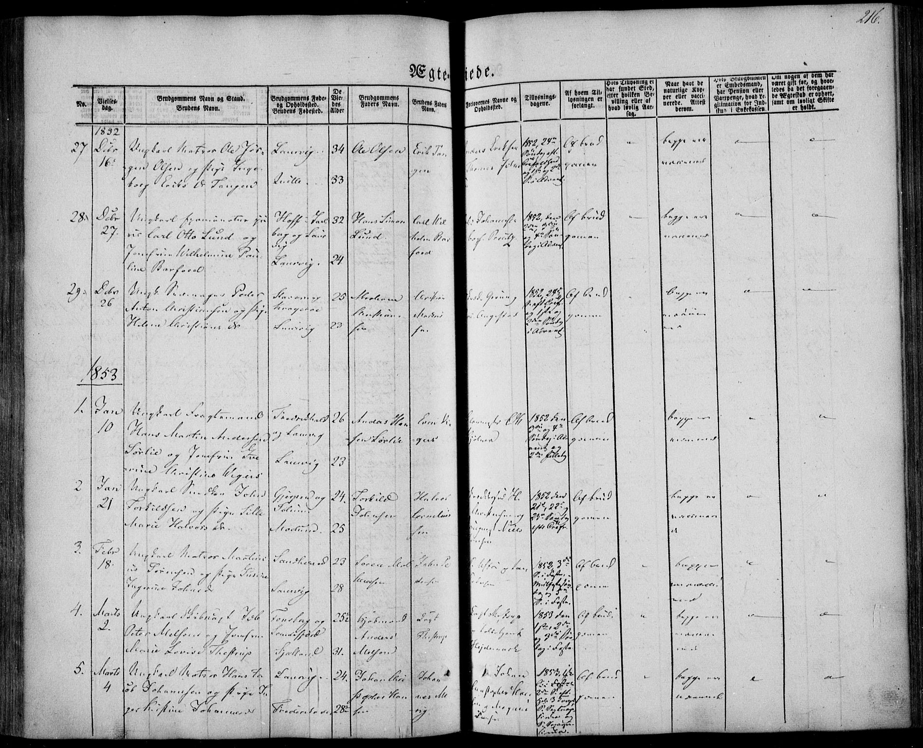 Larvik kirkebøker, AV/SAKO-A-352/F/Fa/L0003: Parish register (official) no. I 3, 1848-1856, p. 216