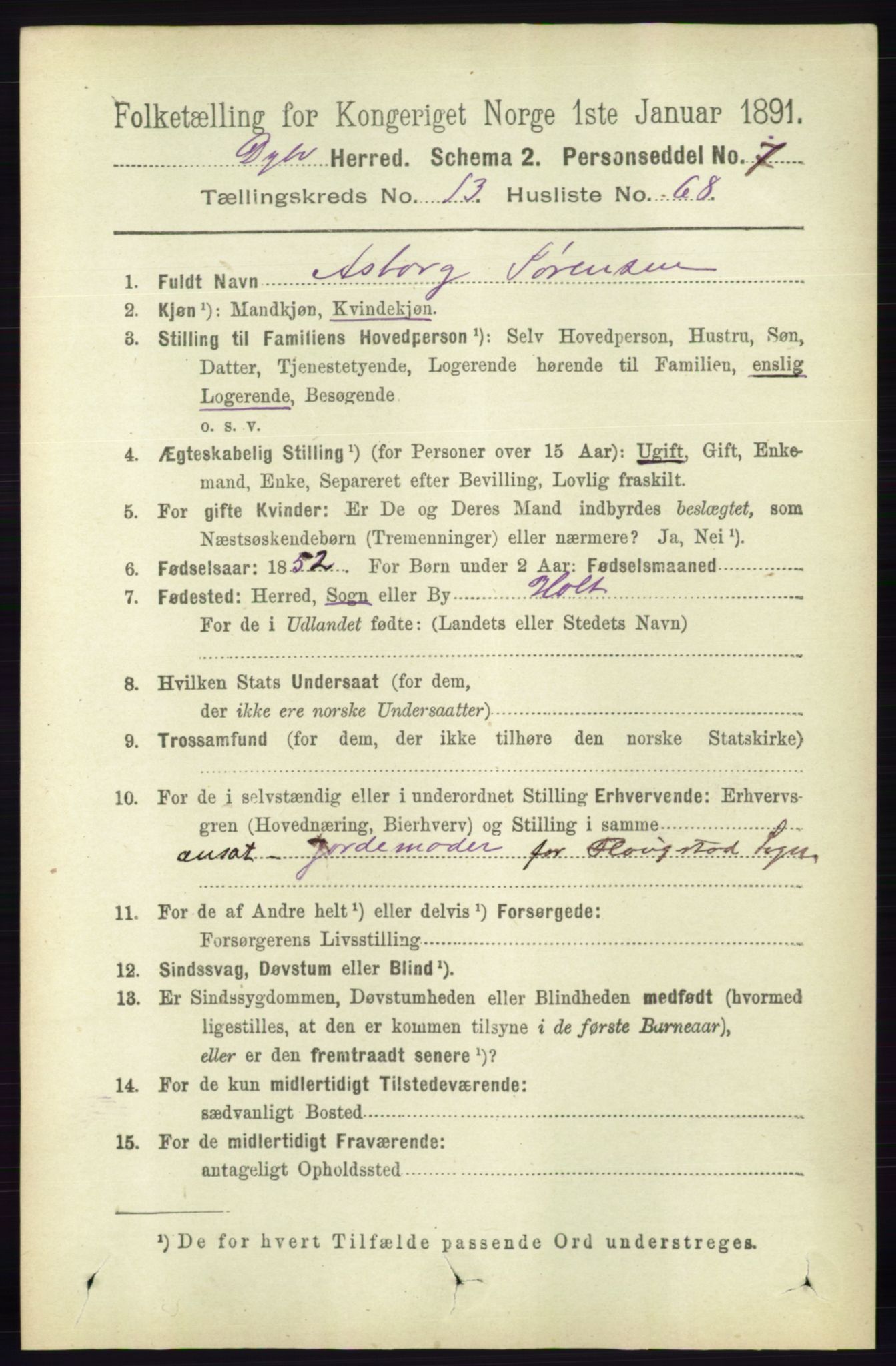 RA, 1891 census for 0915 Dypvåg, 1891, p. 5693