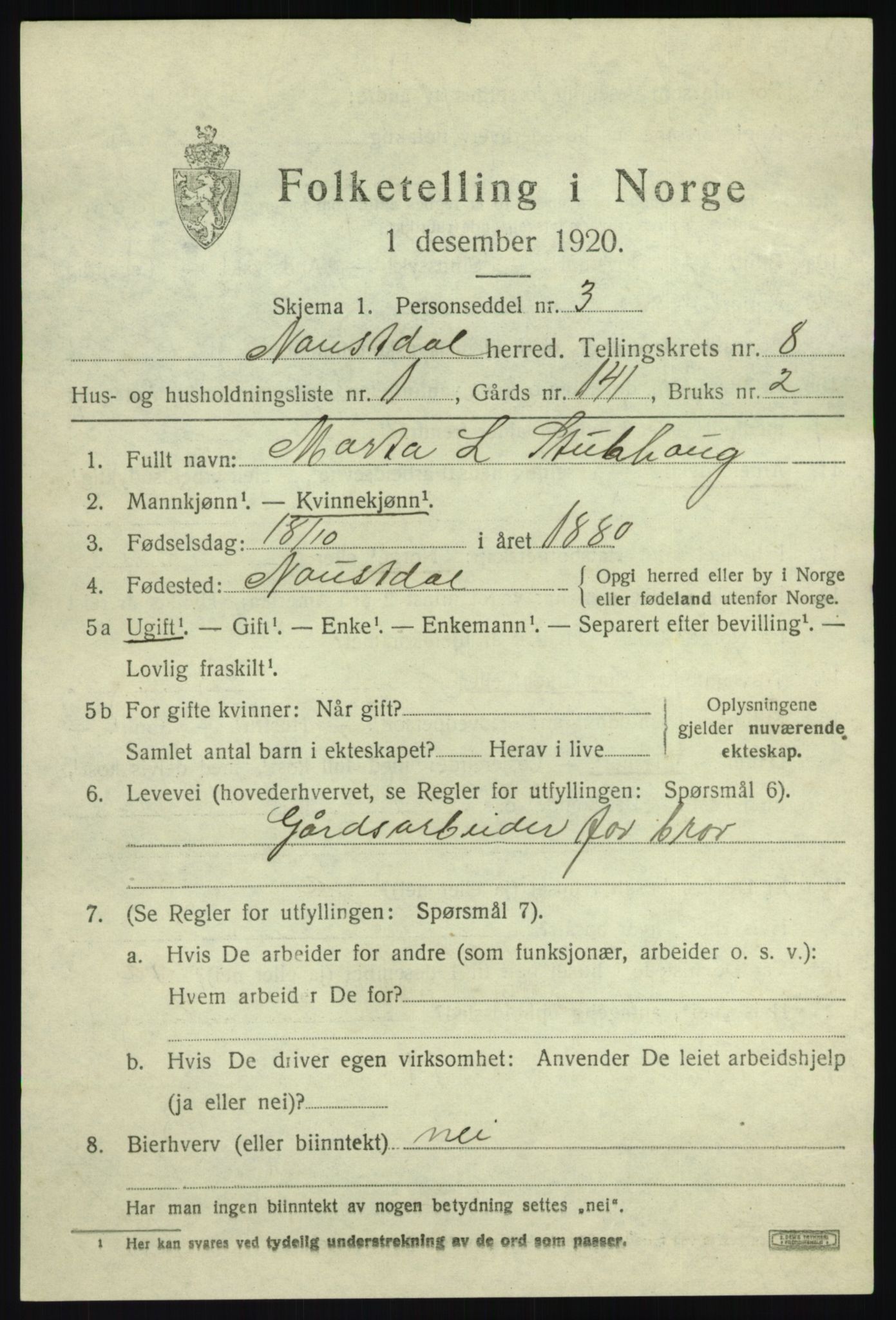 SAB, 1920 census for Naustdal, 1920, p. 4861