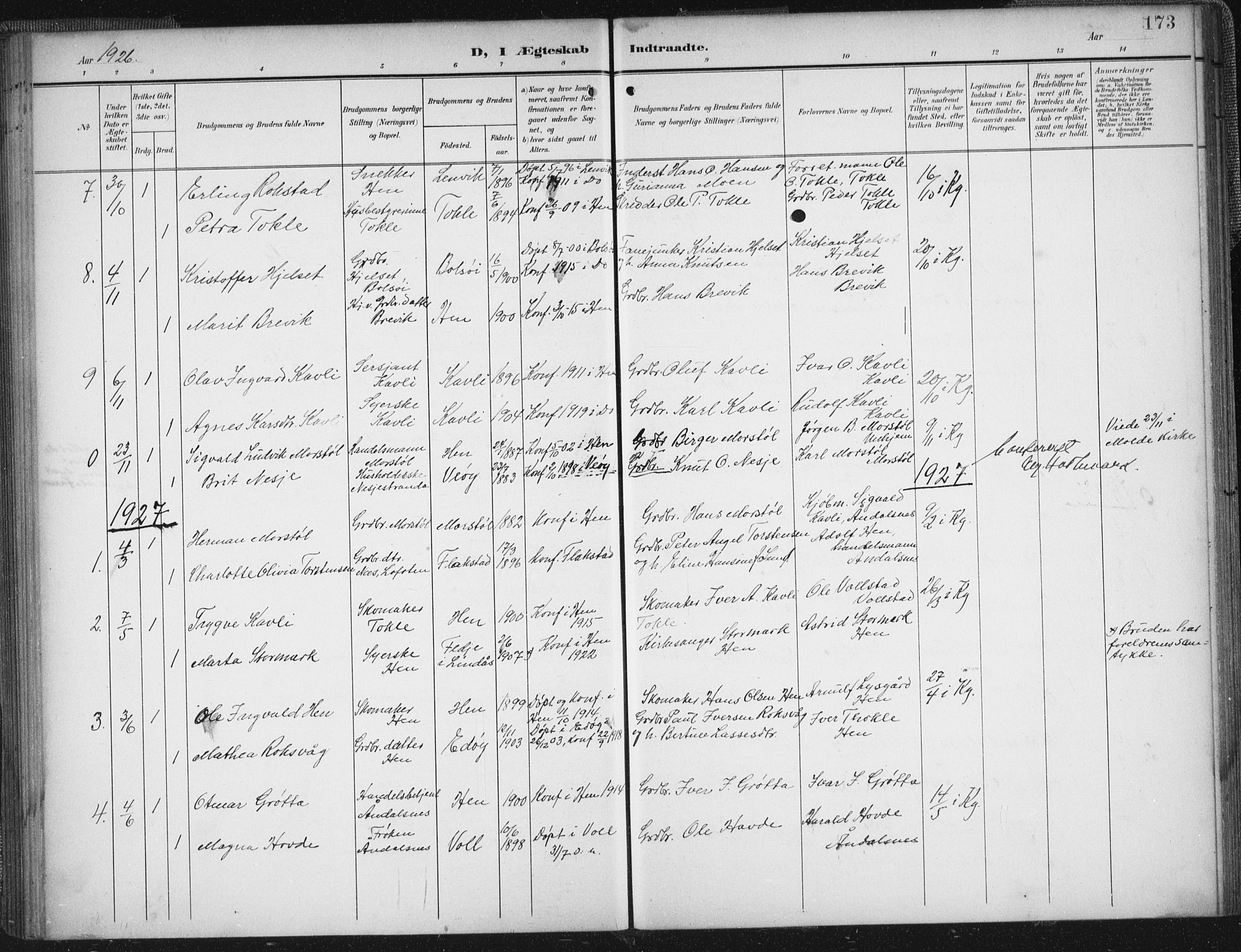 Ministerialprotokoller, klokkerbøker og fødselsregistre - Møre og Romsdal, AV/SAT-A-1454/545/L0589: Parish register (copy) no. 545C03, 1902-1937, p. 173