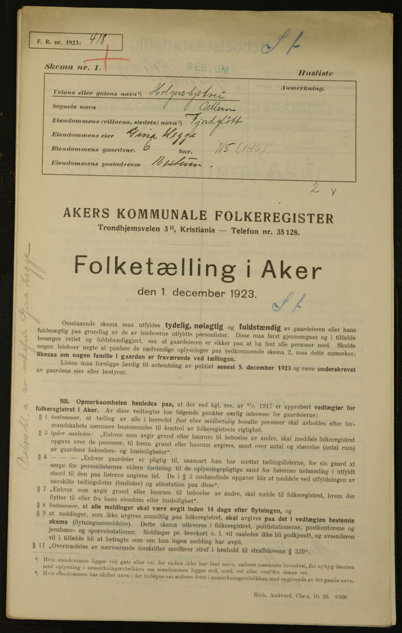 , Municipal Census 1923 for Aker, 1923, p. 2596