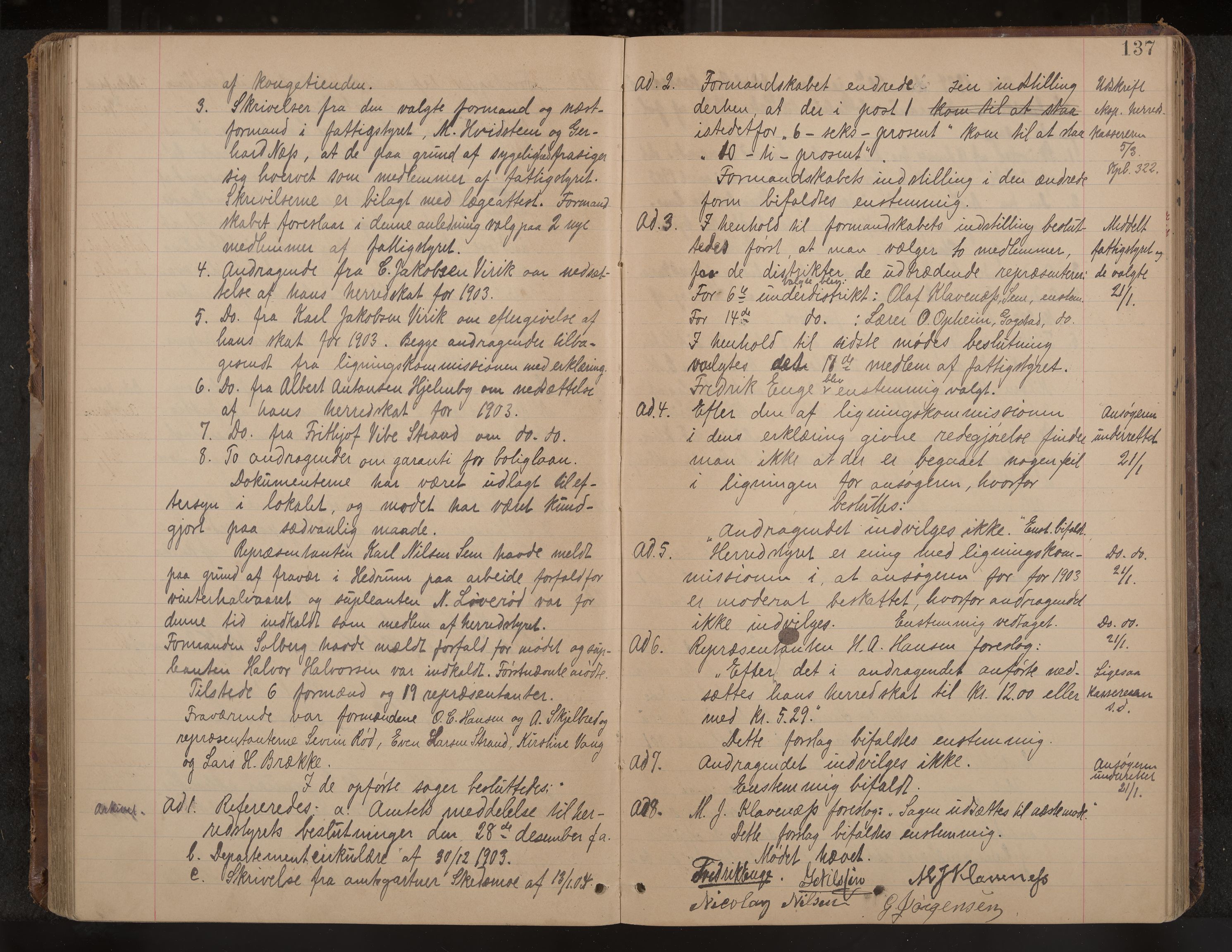 Sandar formannskap og sentraladministrasjon, IKAK/0724021/A/Aa/L0003: Møtebok med register, 1900-1907, p. 137