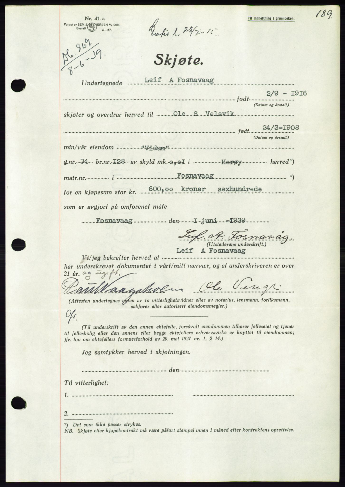 Søre Sunnmøre sorenskriveri, AV/SAT-A-4122/1/2/2C/L0068: Mortgage book no. 62, 1939-1939, Diary no: : 869/1939