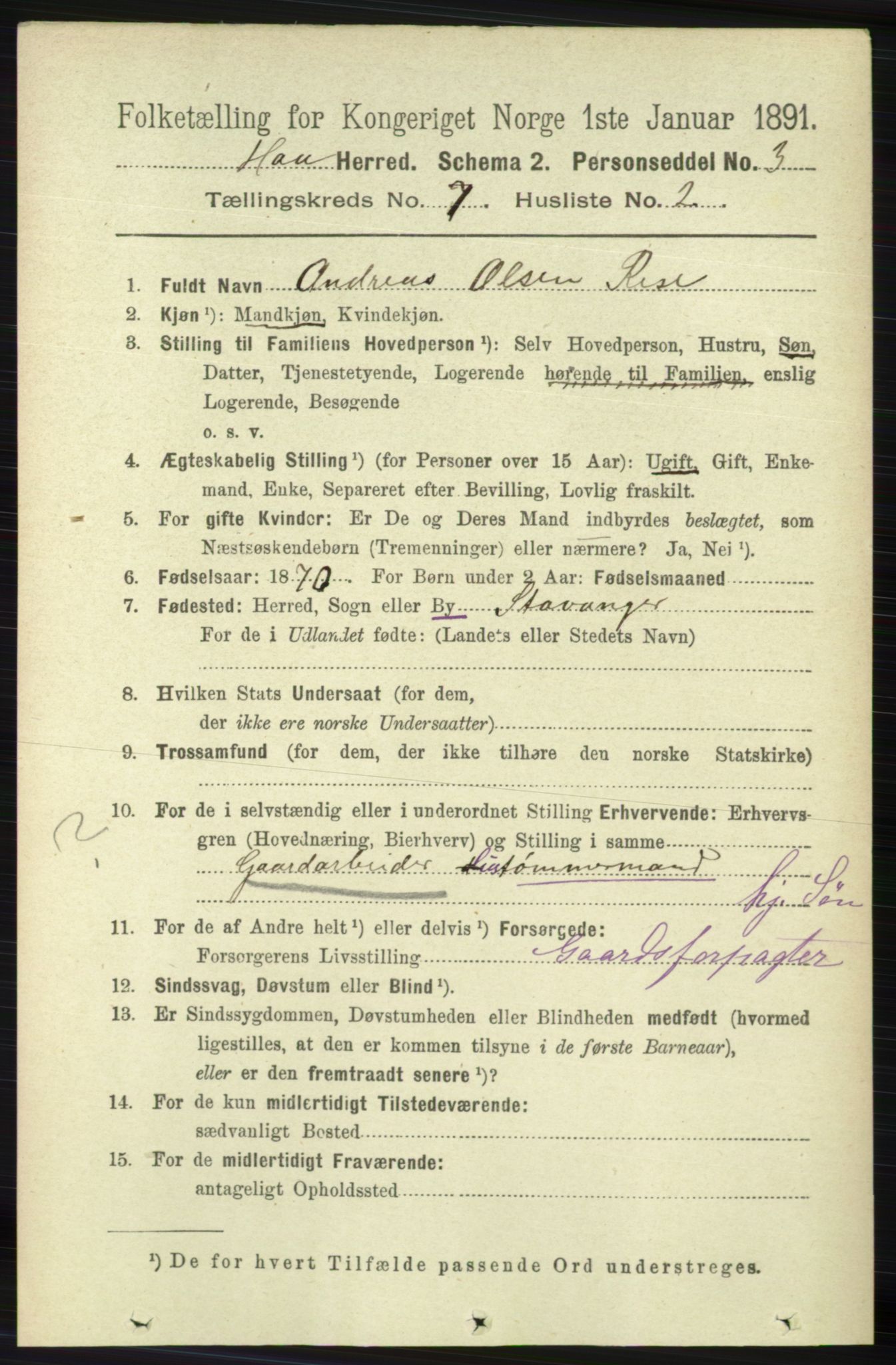 RA, 1891 census for 1119 Hå, 1891, p. 1923