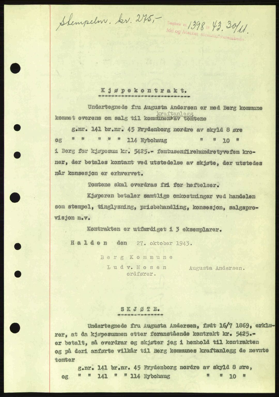 Idd og Marker sorenskriveri, AV/SAO-A-10283/G/Gb/Gbb/L0006: Mortgage book no. A6, 1943-1944, Diary no: : 1398/1943