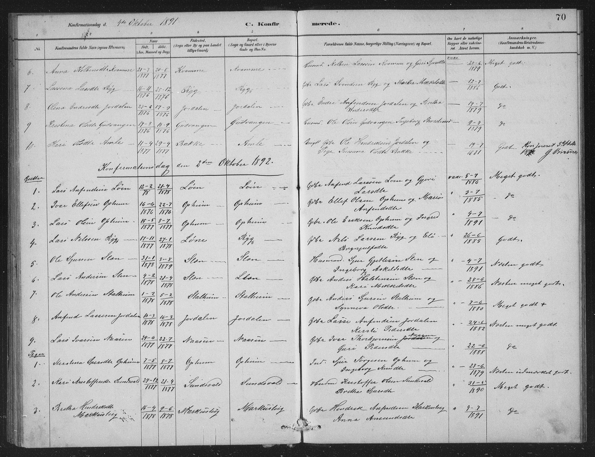 Vossestrand Sokneprestembete, SAB/A-79101/H/Hab: Parish register (copy) no. A 2, 1880-1902, p. 70