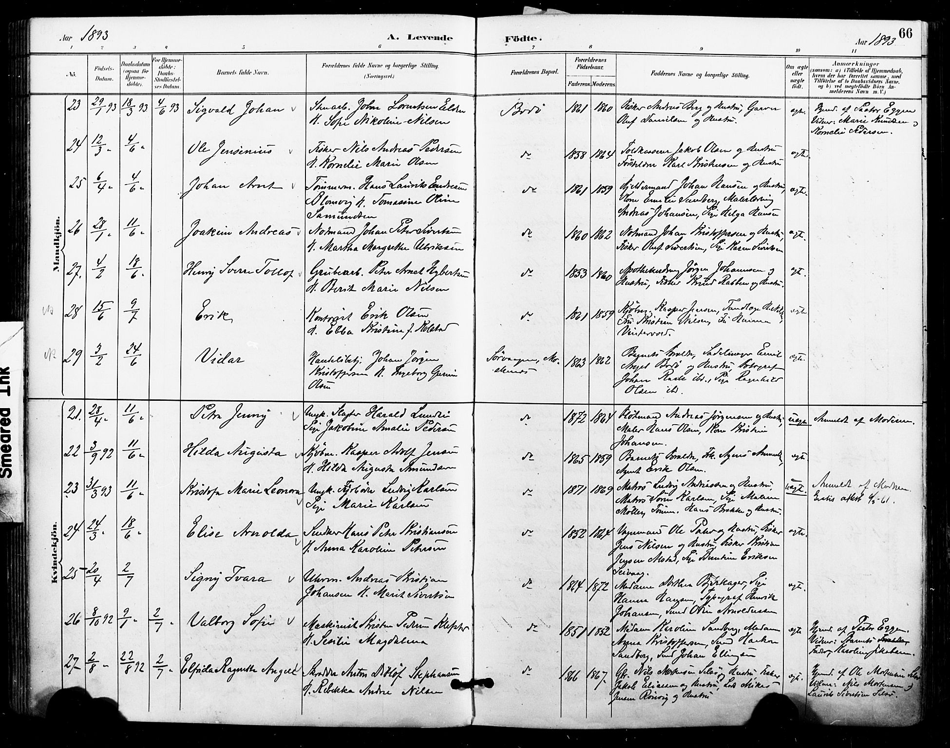 Ministerialprotokoller, klokkerbøker og fødselsregistre - Nordland, SAT/A-1459/801/L0010: Parish register (official) no. 801A10, 1888-1899, p. 66