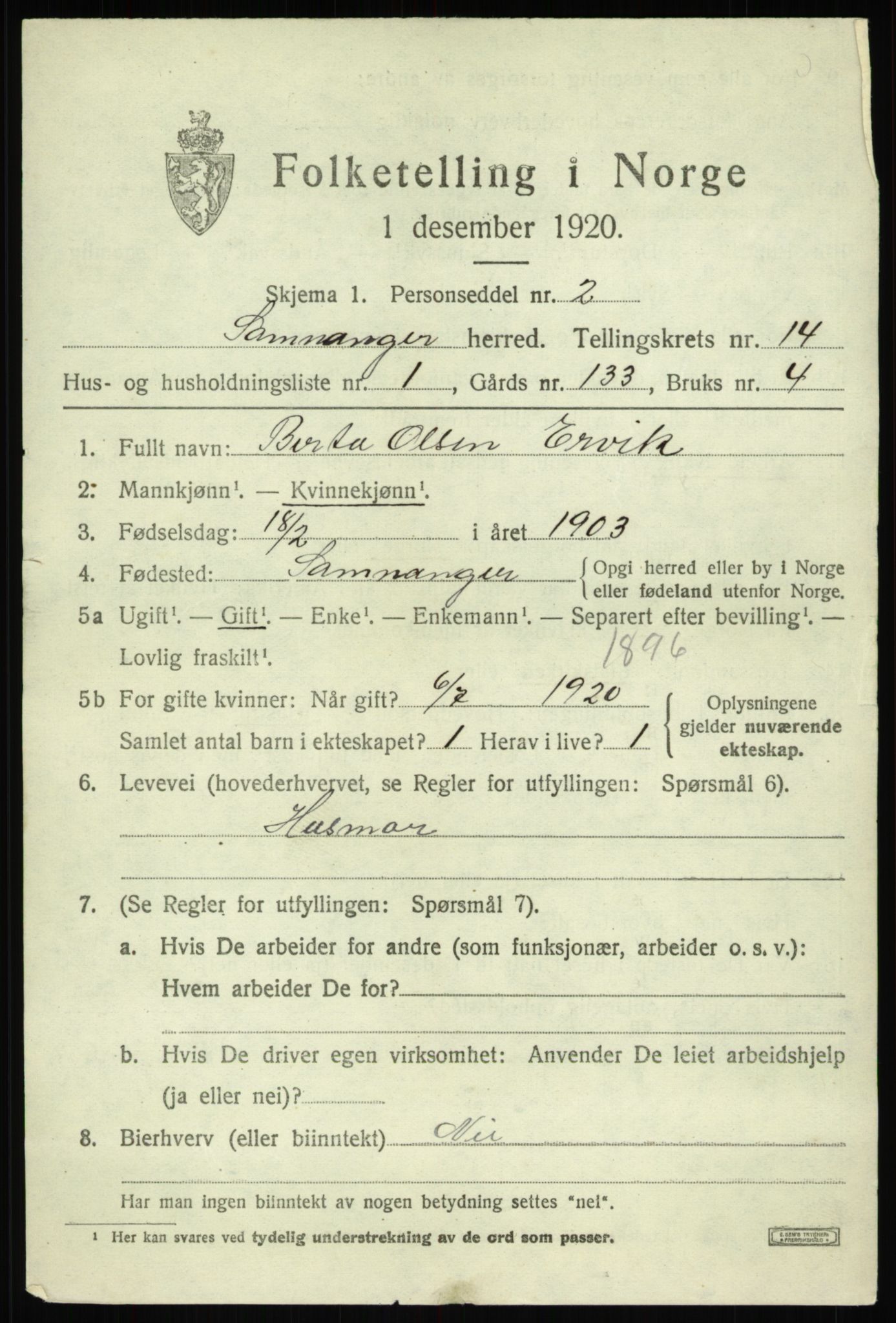 SAB, 1920 census for Samnanger, 1920, p. 5887