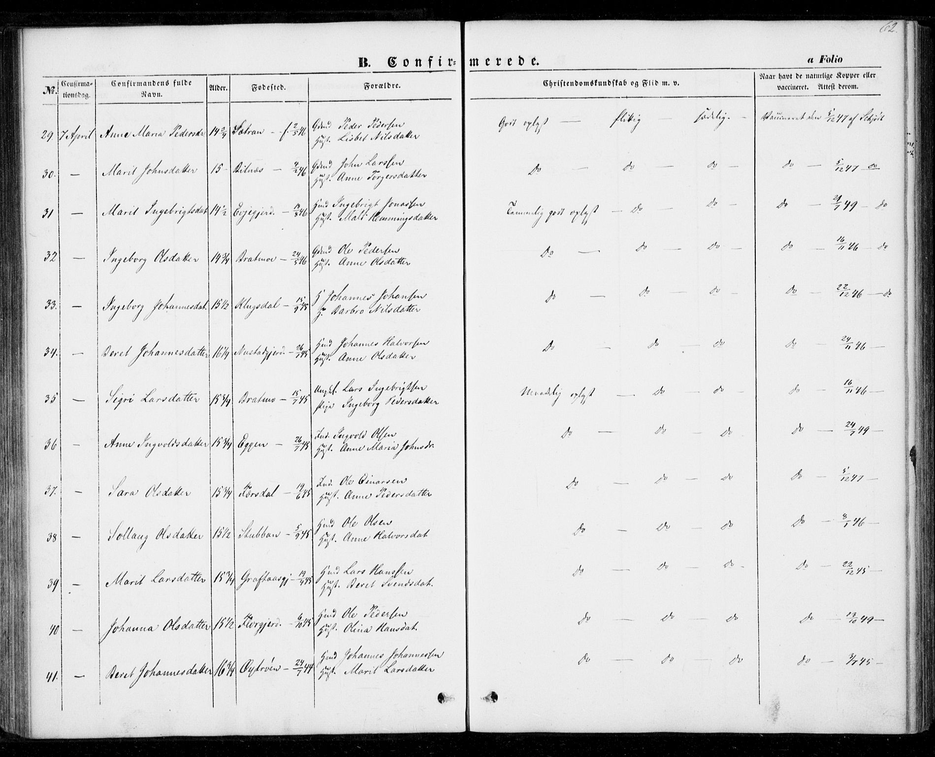 Ministerialprotokoller, klokkerbøker og fødselsregistre - Nord-Trøndelag, AV/SAT-A-1458/706/L0040: Parish register (official) no. 706A01, 1850-1861, p. 62