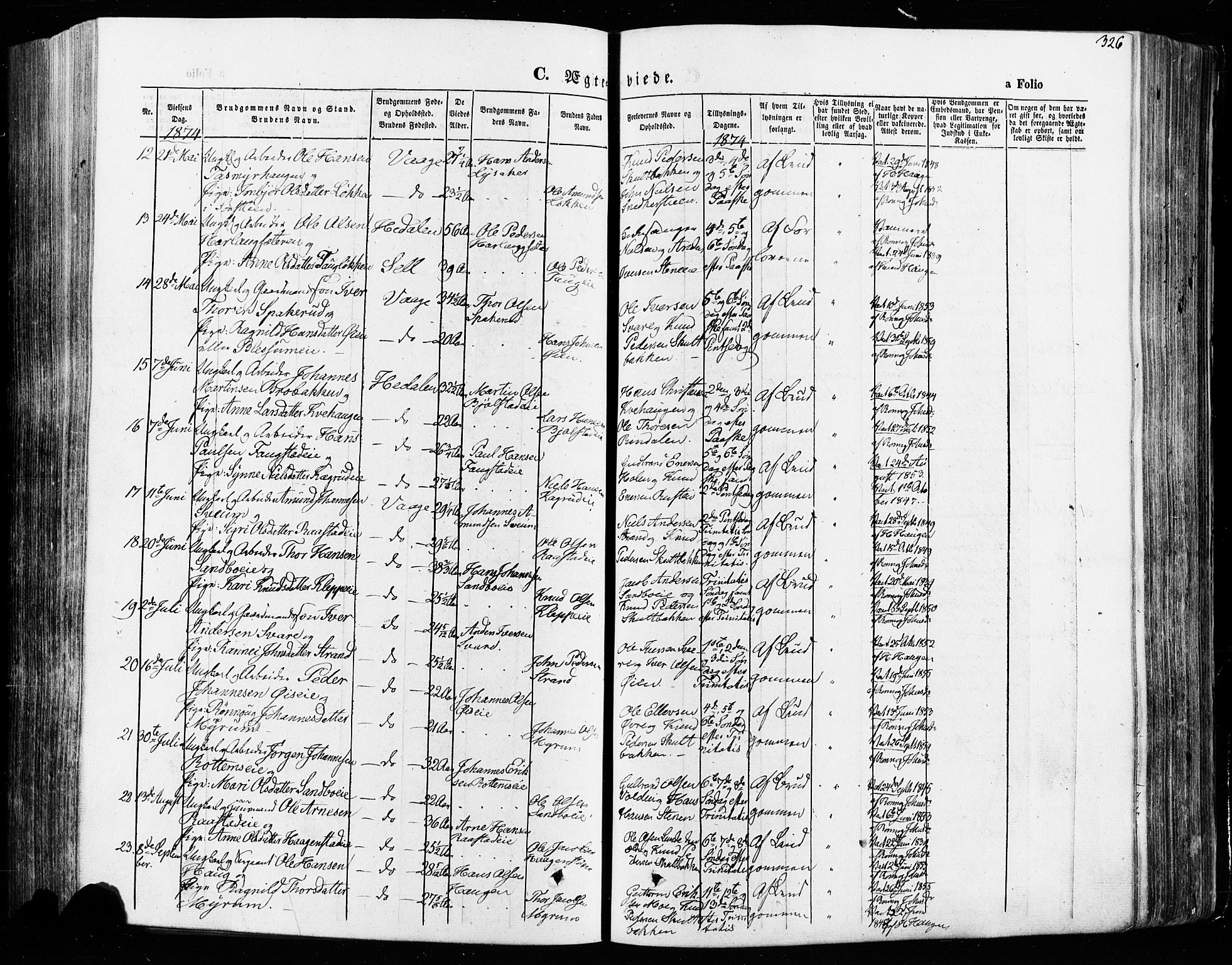 Vågå prestekontor, SAH/PREST-076/H/Ha/Haa/L0007: Parish register (official) no. 7 /1, 1872-1886, p. 326