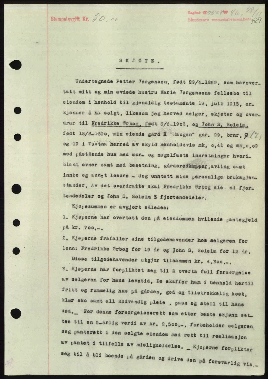 Nordmøre sorenskriveri, AV/SAT-A-4132/1/2/2Ca: Mortgage book no. A103, 1946-1947, Diary no: : 2504/1946