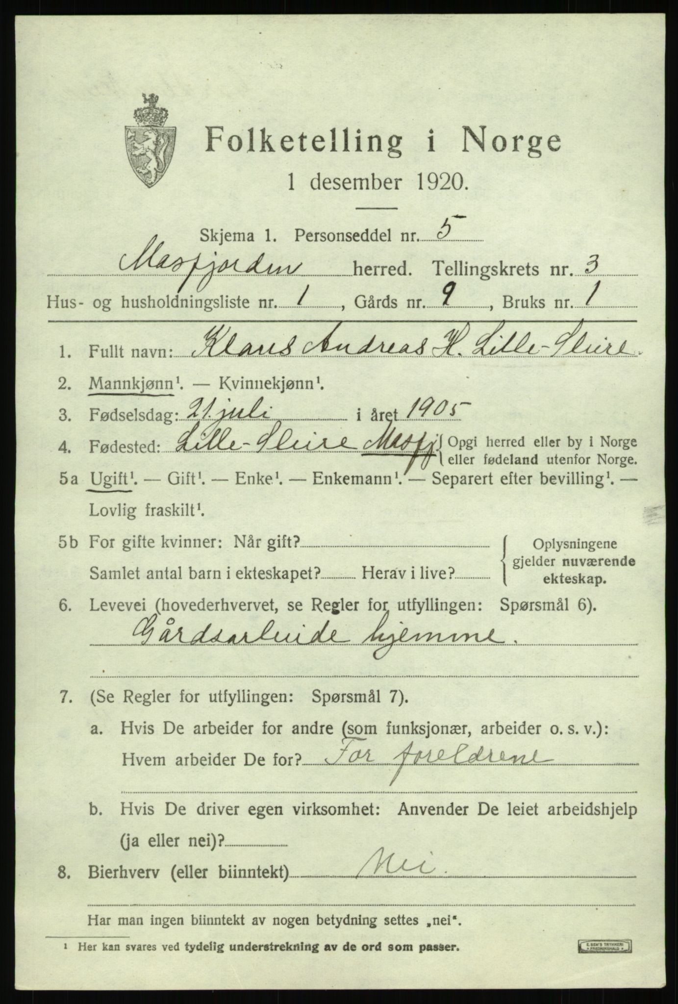 SAB, 1920 census for Masfjorden, 1920, p. 1393