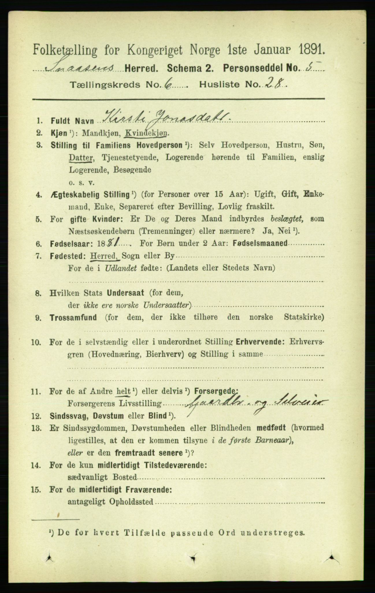 RA, 1891 census for 1736 Snåsa, 1891, p. 2043