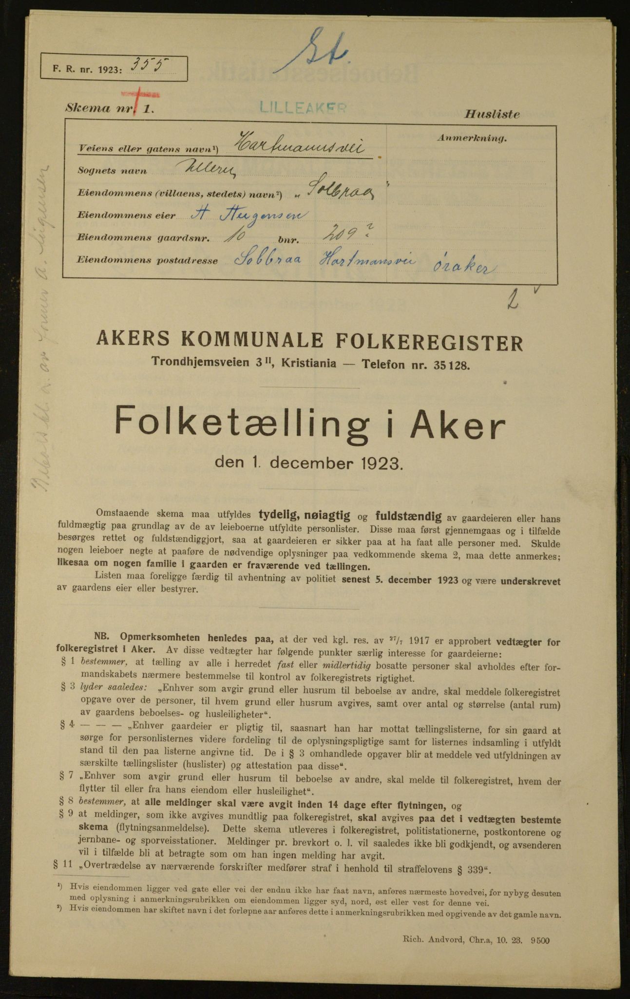 , Municipal Census 1923 for Aker, 1923, p. 2253