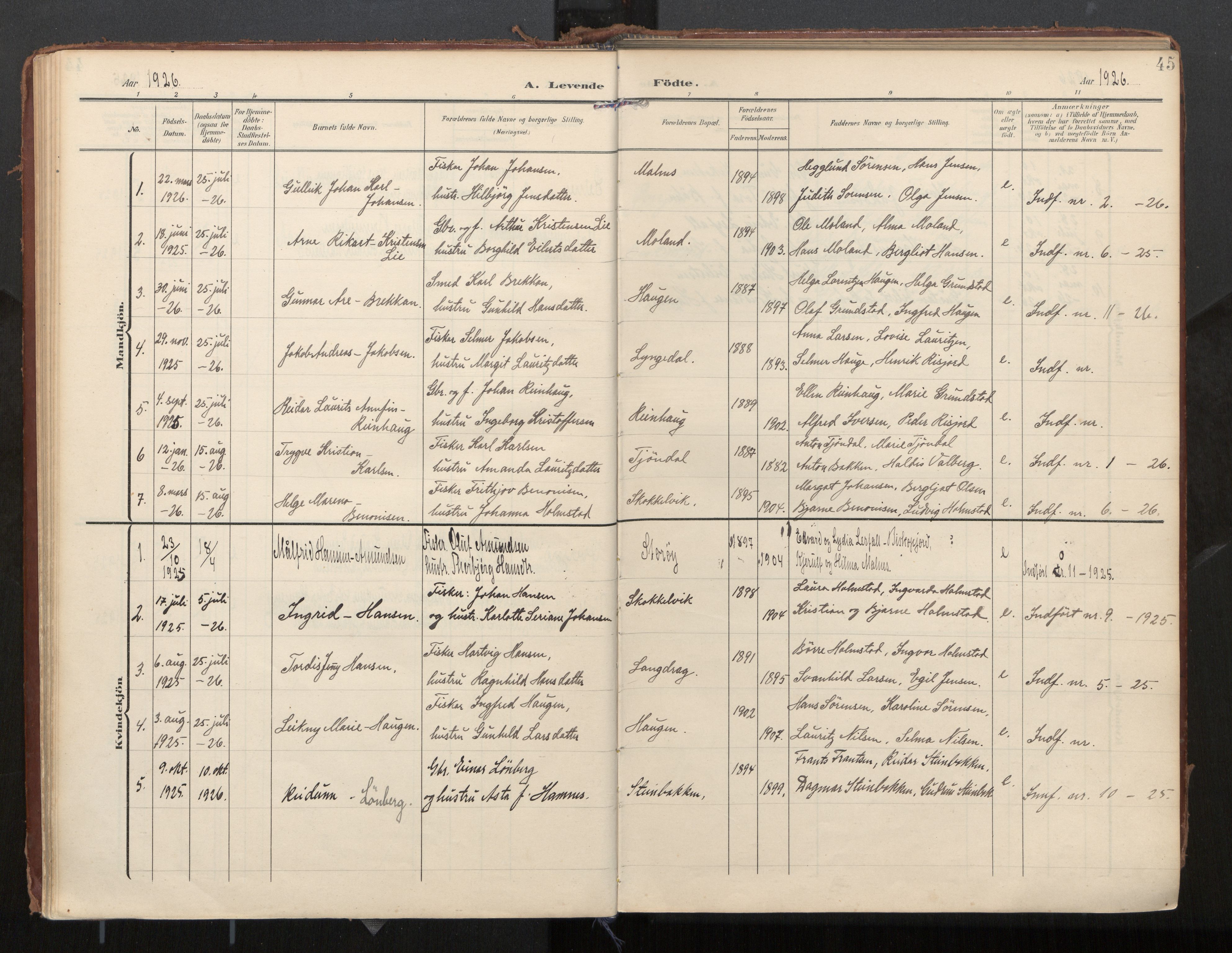 Ministerialprotokoller, klokkerbøker og fødselsregistre - Nordland, SAT/A-1459/884/L1194: Parish register (official) no. 884A02, 1906-1937, p. 45