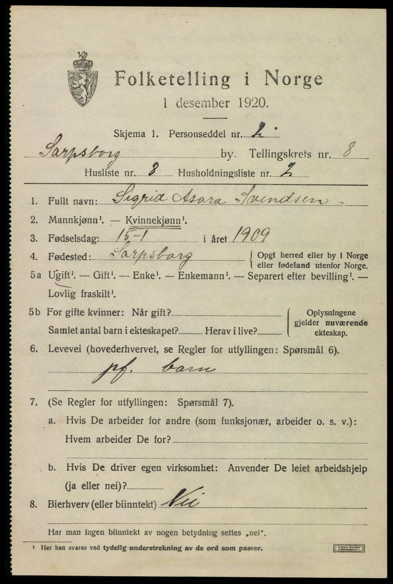 SAO, 1920 census for Sarpsborg, 1920, p. 17444