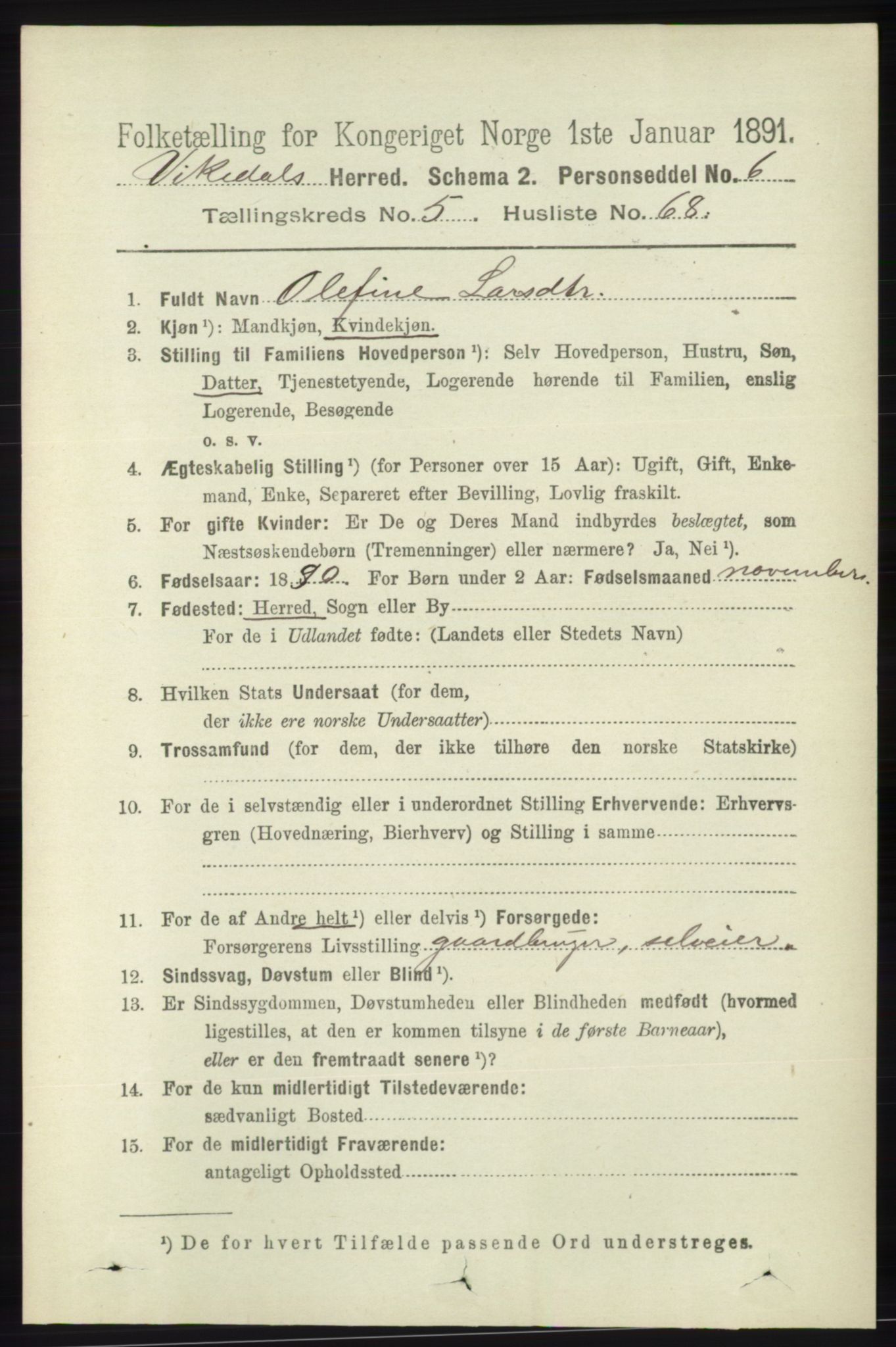 RA, 1891 census for 1157 Vikedal, 1891, p. 1476