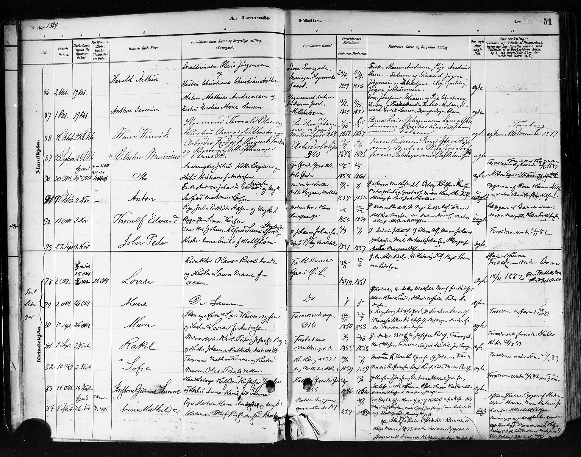 Tønsberg kirkebøker, AV/SAKO-A-330/F/Fa/L0011: Parish register (official) no. I 11, 1881-1890, p. 51