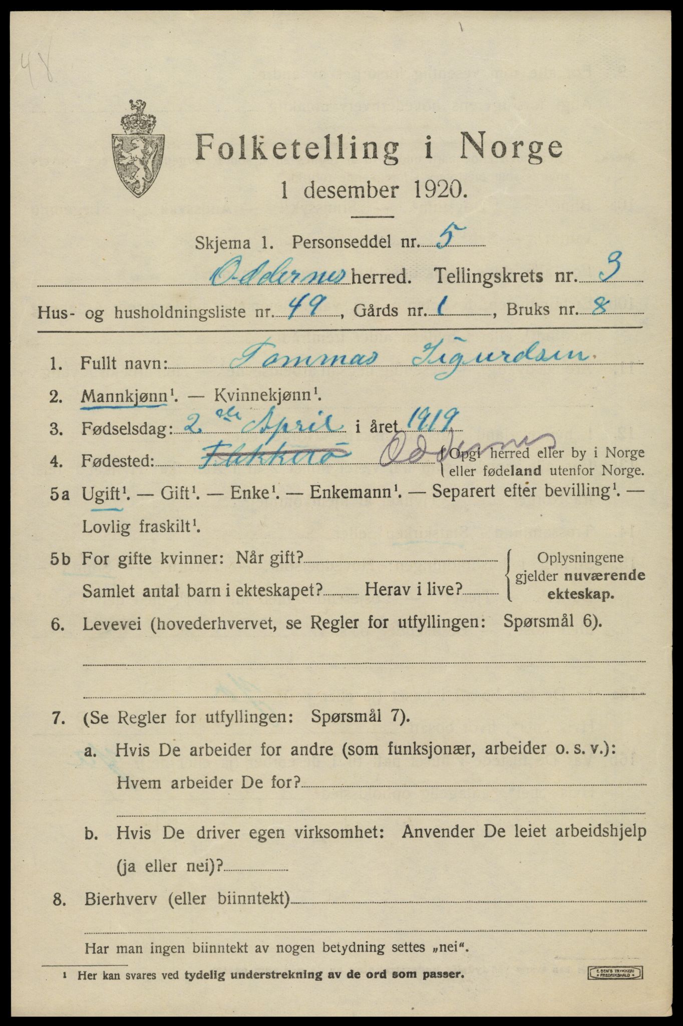 SAK, 1920 census for Oddernes, 1920, p. 3887