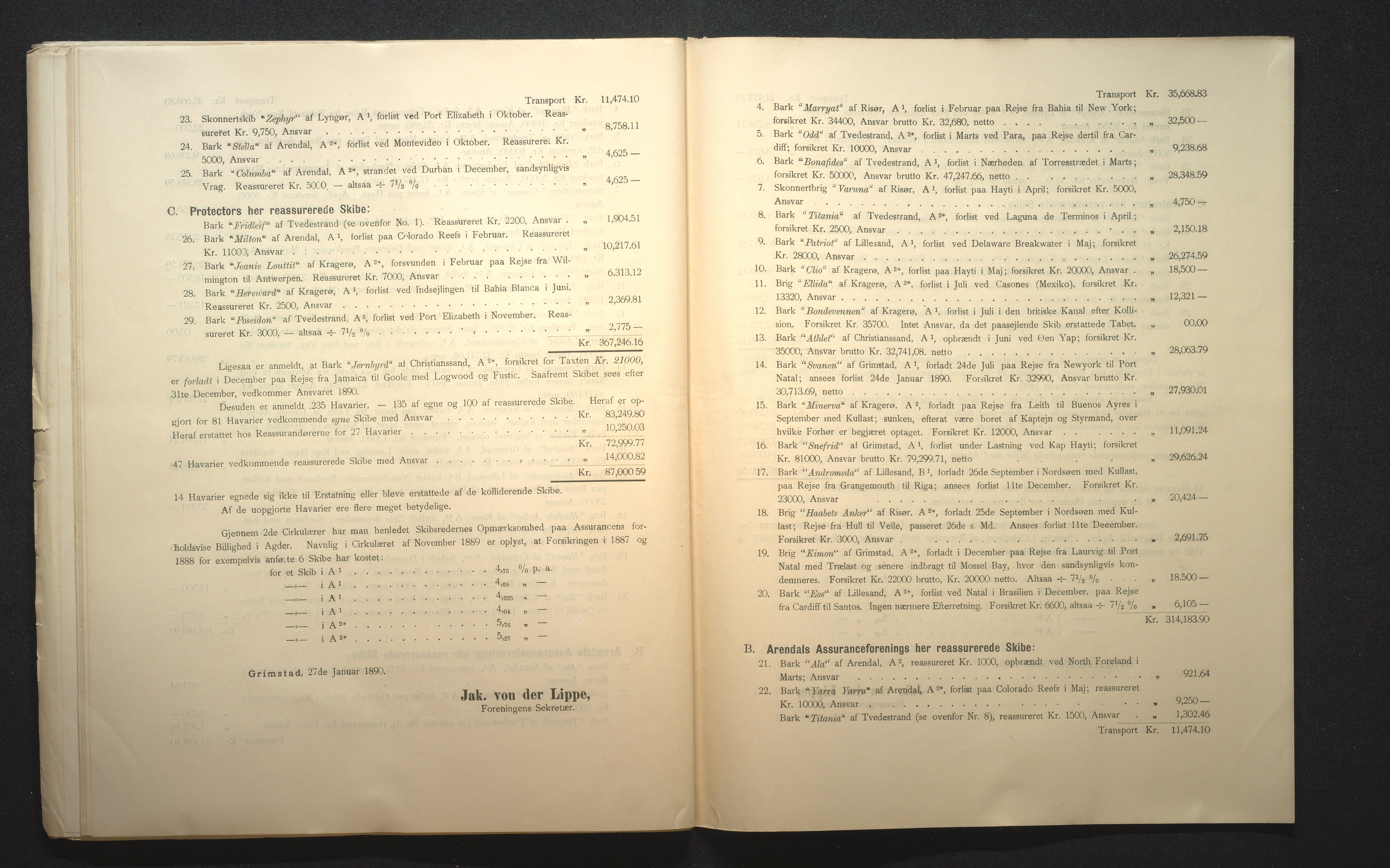 Agders Gjensidige Assuranceforening, AAKS/PA-1718/05/L0002: Regnskap, seilavdeling, pakkesak, 1881-1889