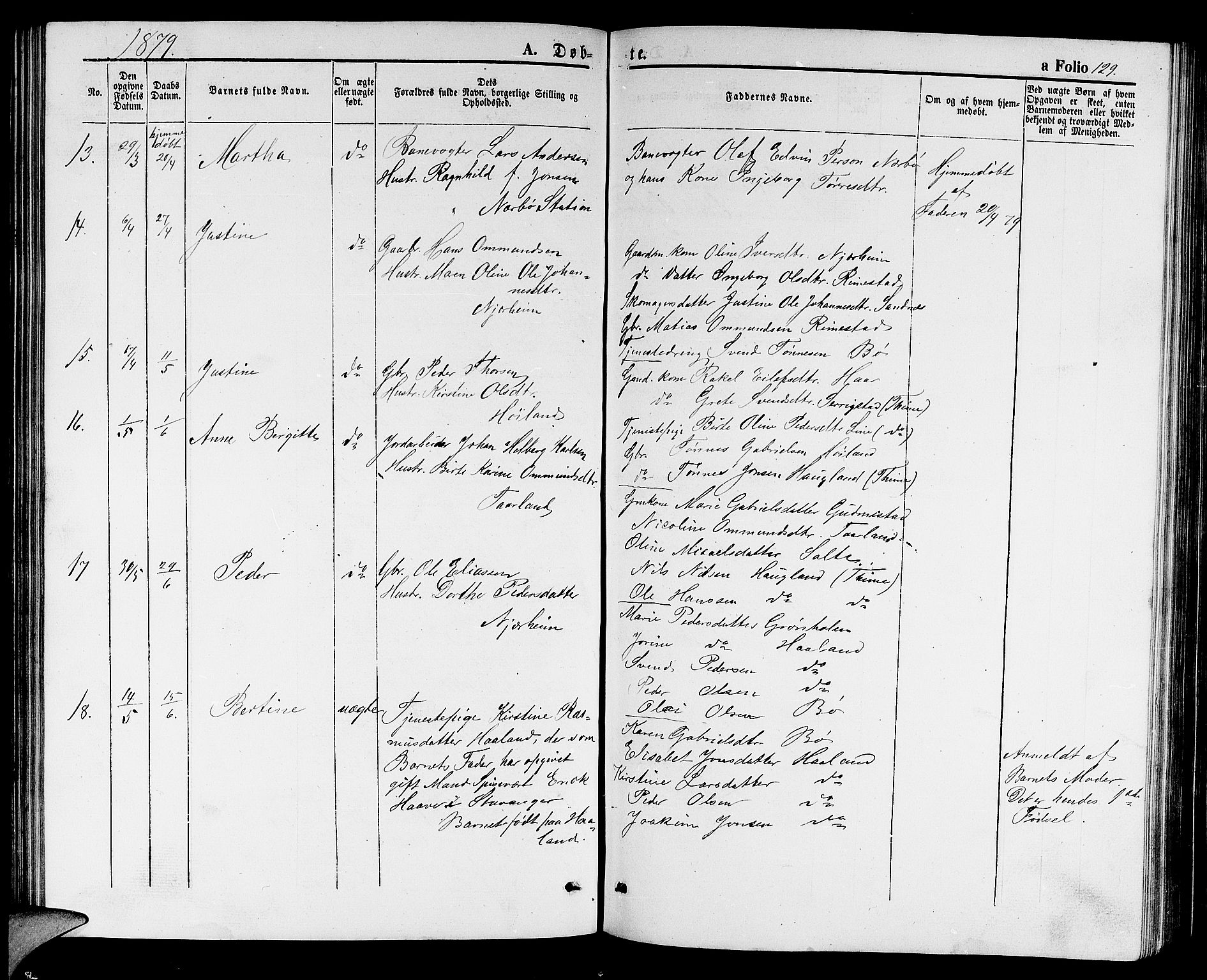 Hå sokneprestkontor, AV/SAST-A-101801/001/30BB/L0001: Parish register (copy) no. B 1, 1854-1883, p. 129