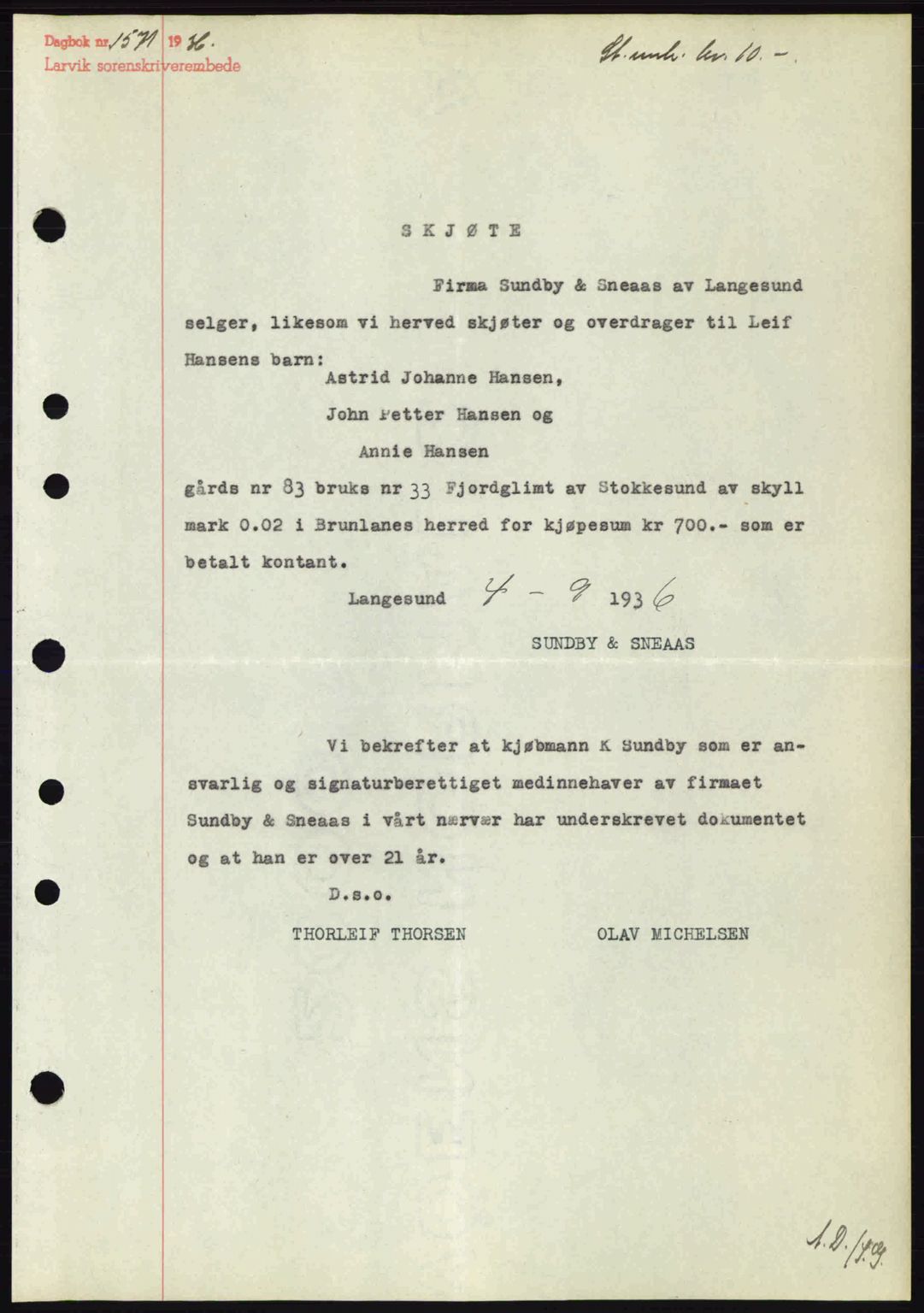 Larvik sorenskriveri, SAKO/A-83/G/Ga/Gab/L0067: Mortgage book no. A-1, 1936-1937, Diary no: : 1571/1936