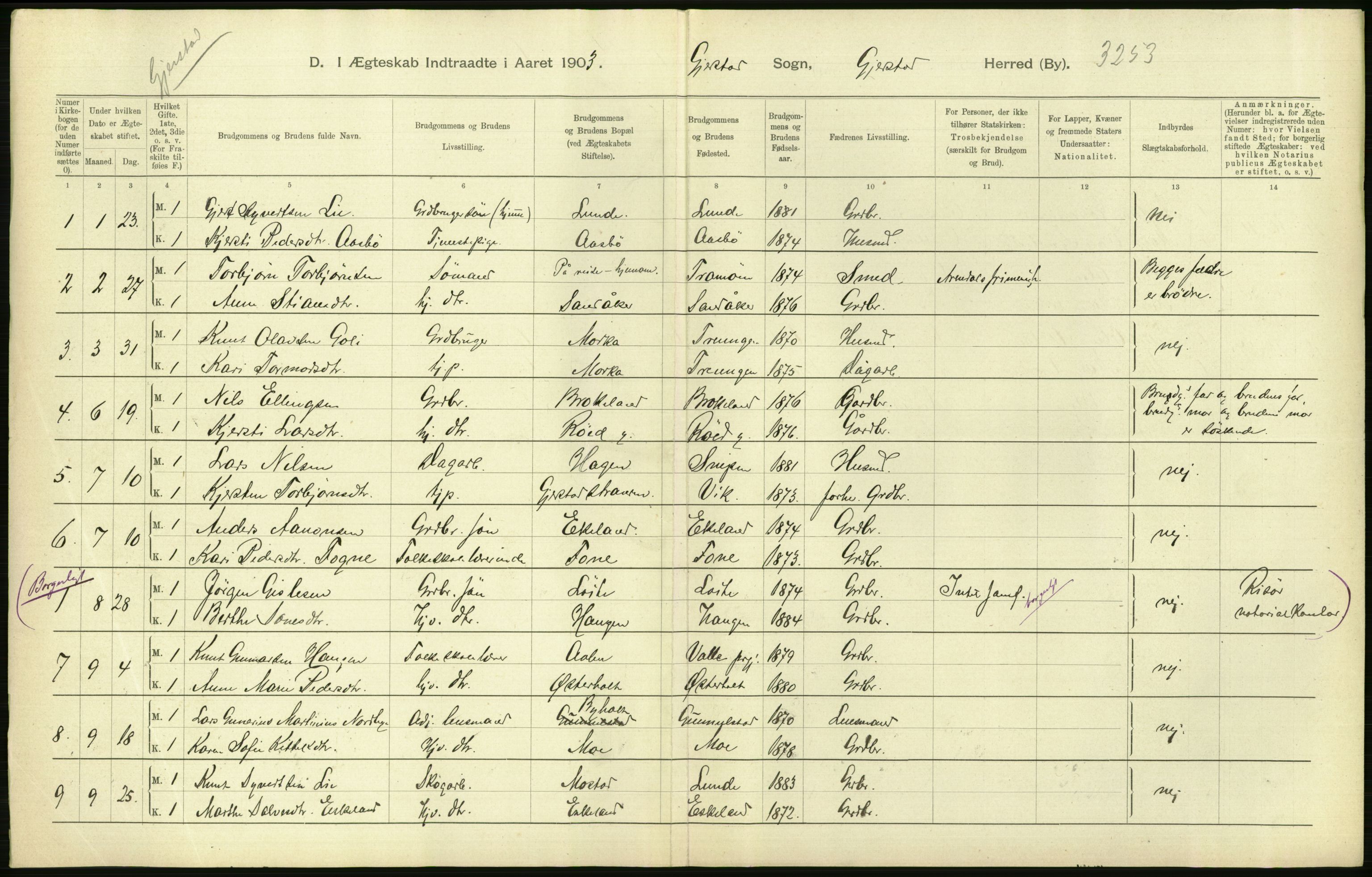 Statistisk sentralbyrå, Sosiodemografiske emner, Befolkning, AV/RA-S-2228/D/Df/Dfa/Dfaa/L0010: Nedenes amt: Fødte, gifte, døde, 1903, p. 338