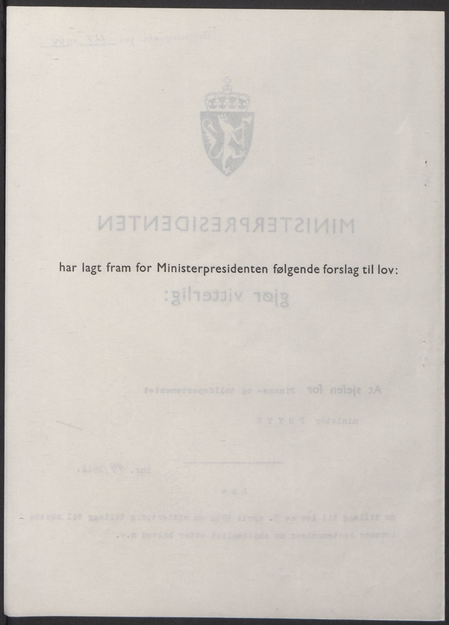 NS-administrasjonen 1940-1945 (Statsrådsekretariatet, de kommisariske statsråder mm), AV/RA-S-4279/D/Db/L0100: Lover, 1944, p. 232