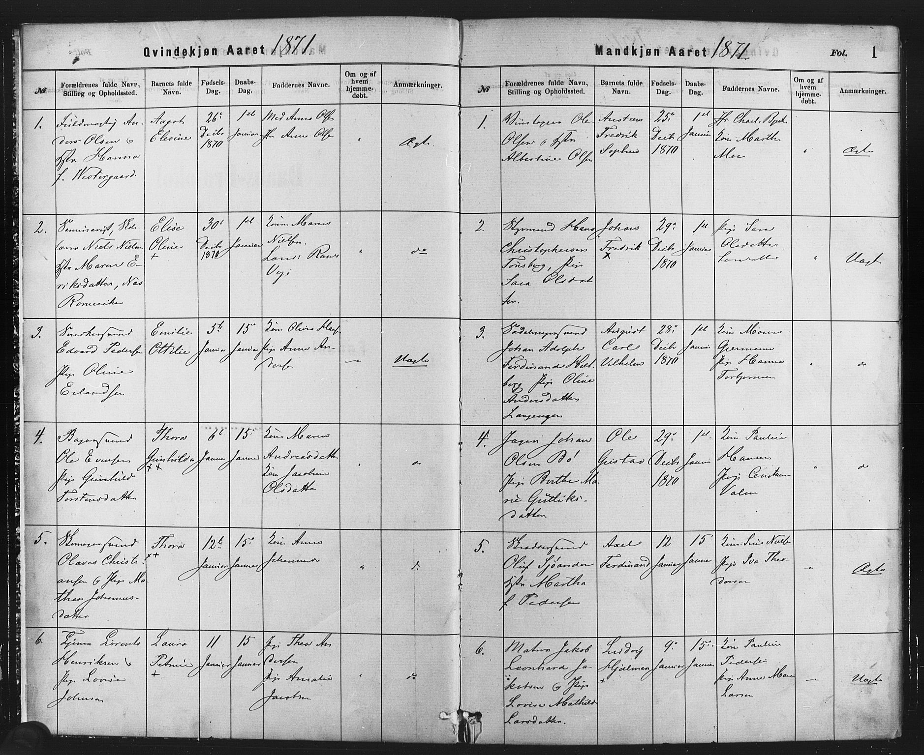Rikshospitalet prestekontor Kirkebøker, SAO/A-10309b/F/L0006: Parish register (official) no. 6, 1871-1885, p. 1