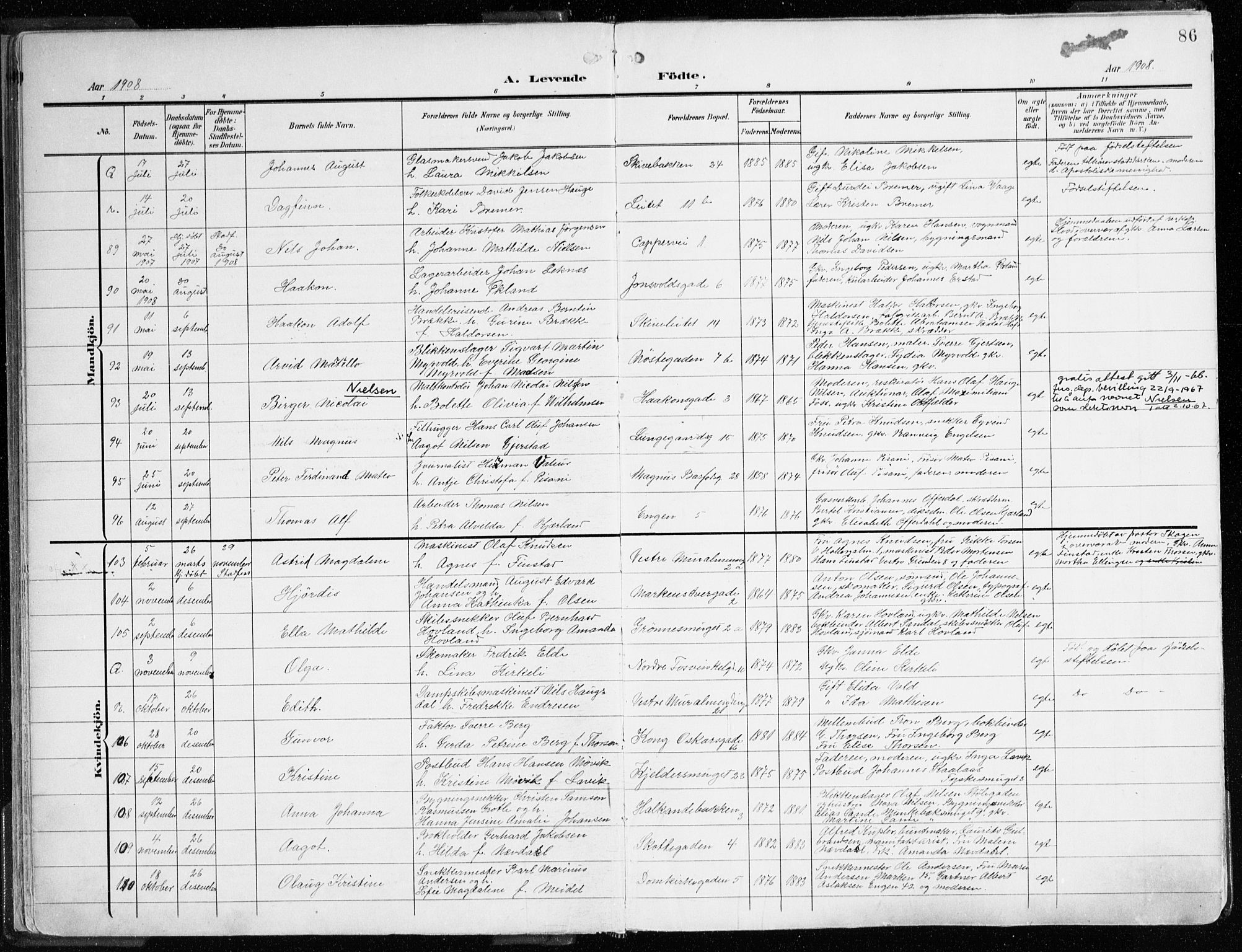 Domkirken sokneprestembete, SAB/A-74801/H/Haa/L0025: Parish register (official) no. B 8, 1903-1925, p. 86
