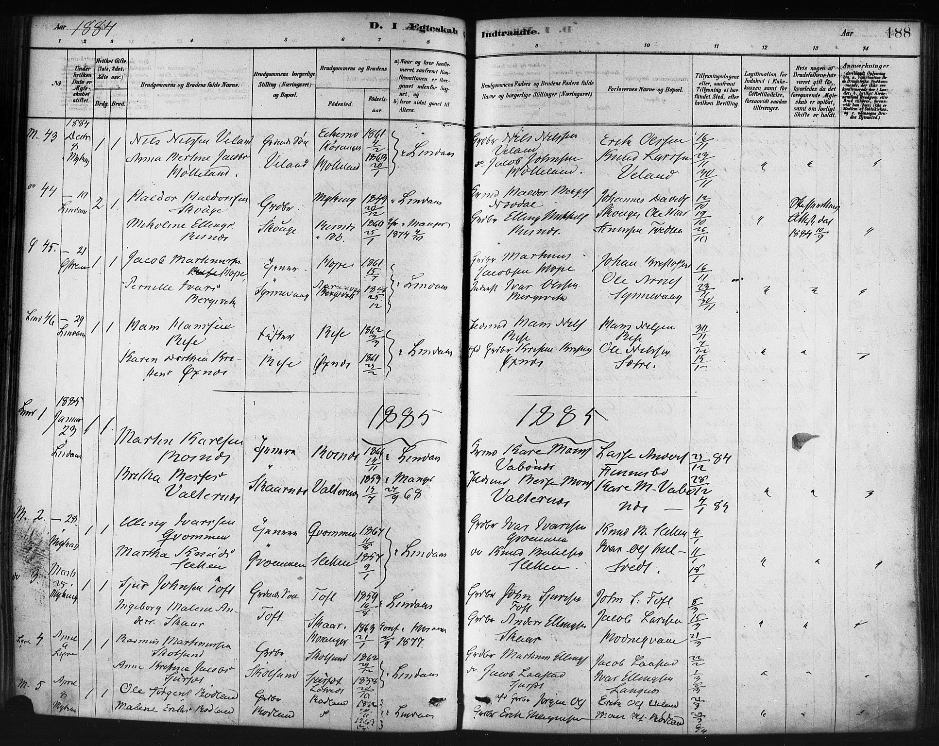 Lindås Sokneprestembete, SAB/A-76701/H/Haa: Parish register (official) no. A 19, 1878-1912, p. 188