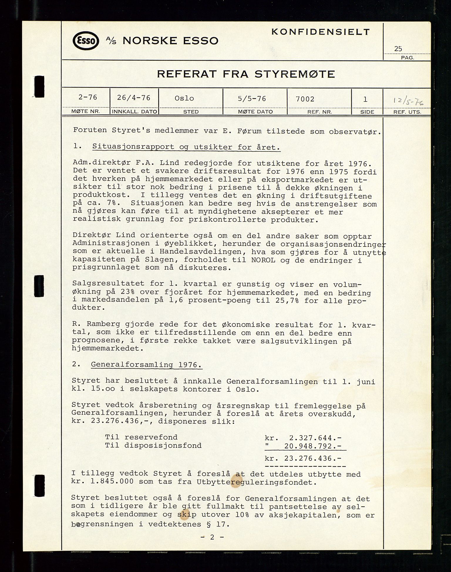 Pa 0982 - Esso Norge A/S, AV/SAST-A-100448/A/Aa/L0003/0003: Den administrerende direksjon Board minutes (styrereferater) og Bedriftforsamlingsprotokoll / Den administrerende direksjon Board minutes (styrereferater), 1975-1985, p. 25