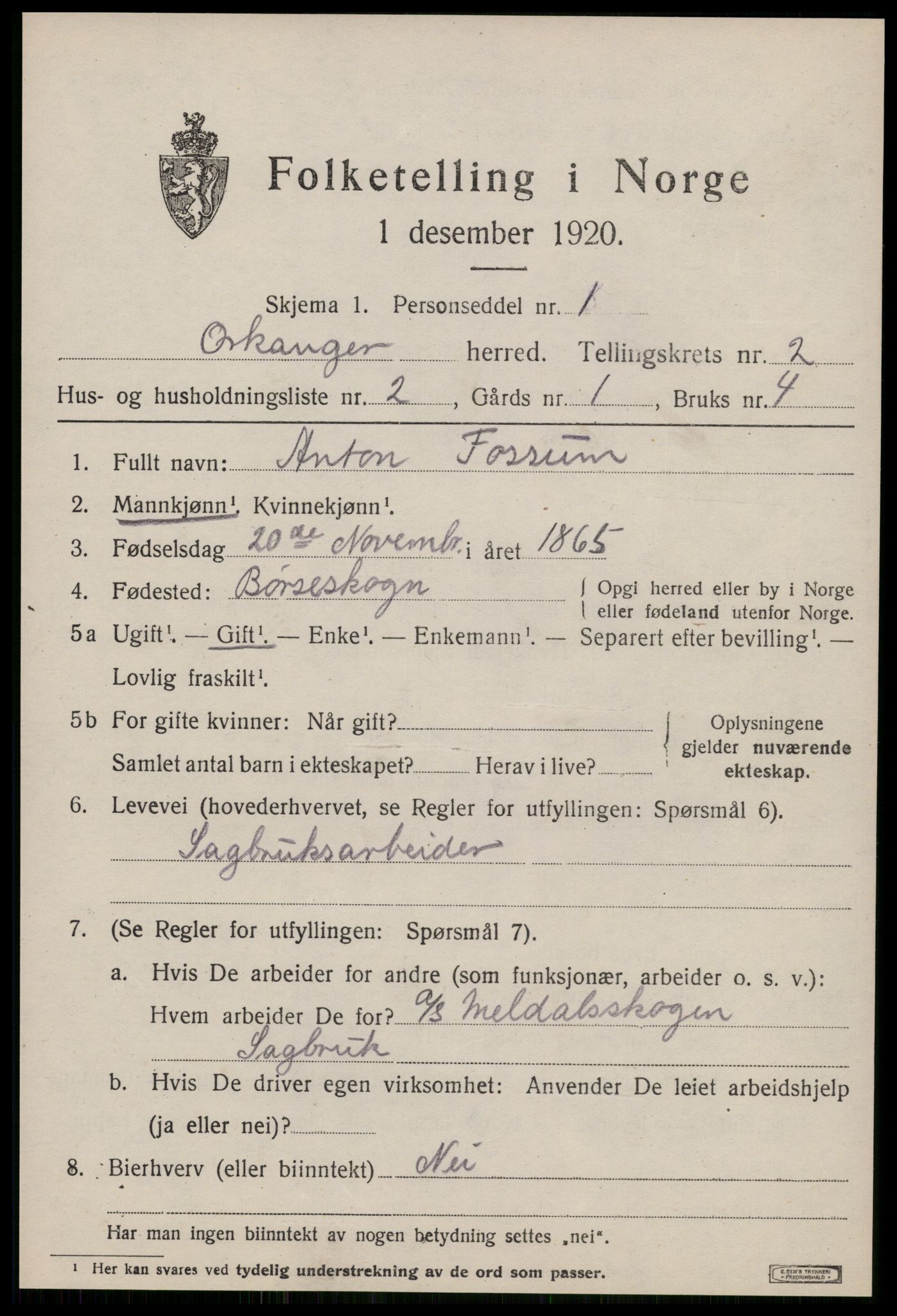 SAT, 1920 census for Orkanger, 1920, p. 1207