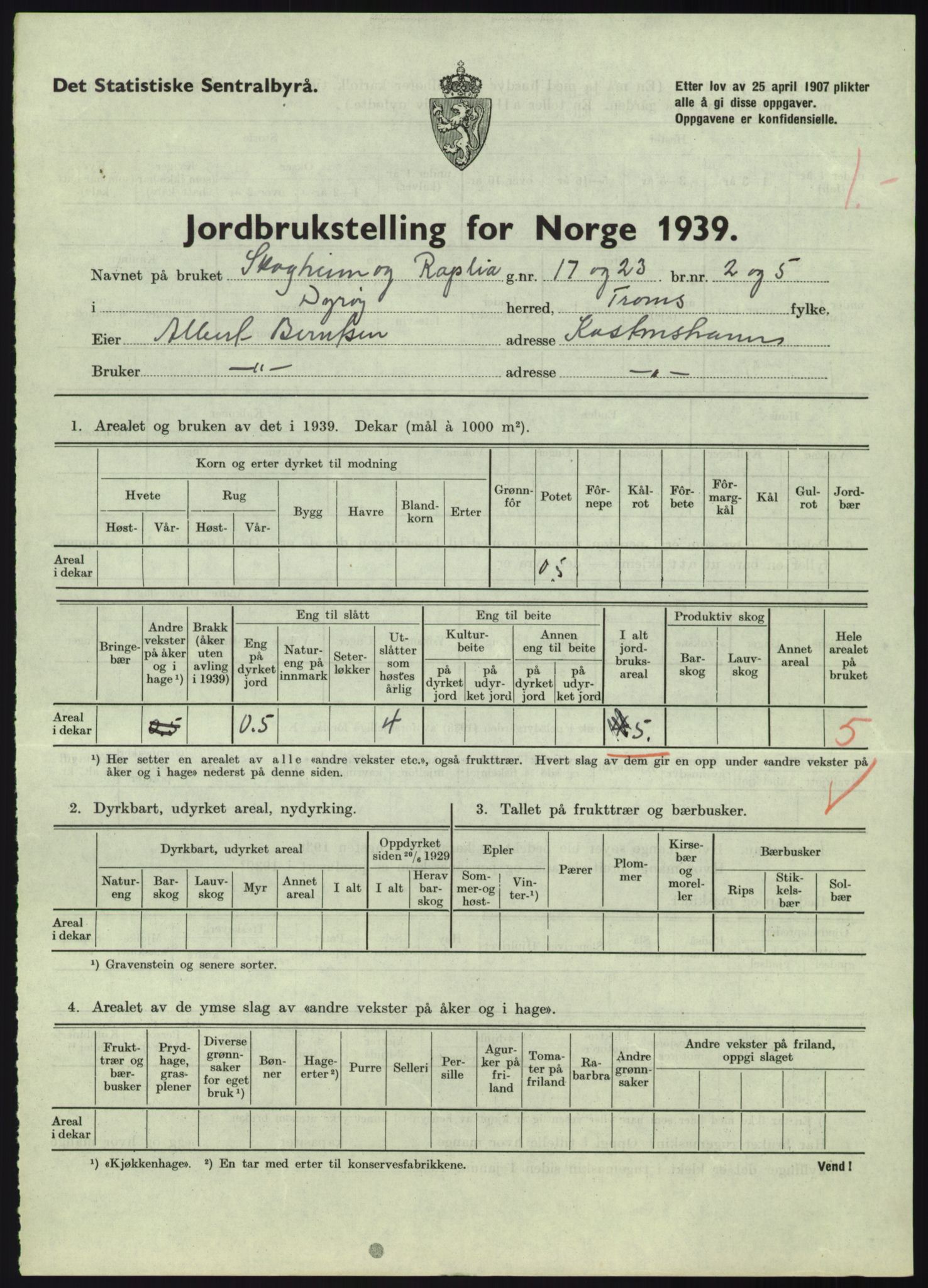 Statistisk sentralbyrå, Næringsøkonomiske emner, Jordbruk, skogbruk, jakt, fiske og fangst, AV/RA-S-2234/G/Gb/L0340: Troms: Salangen og Dyrøy, 1939, p. 849