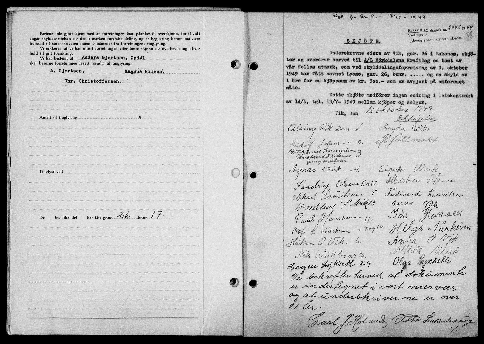 Lofoten sorenskriveri, SAT/A-0017/1/2/2C/L0022a: Mortgage book no. 22a, 1949-1950, Diary no: : 2498/1949