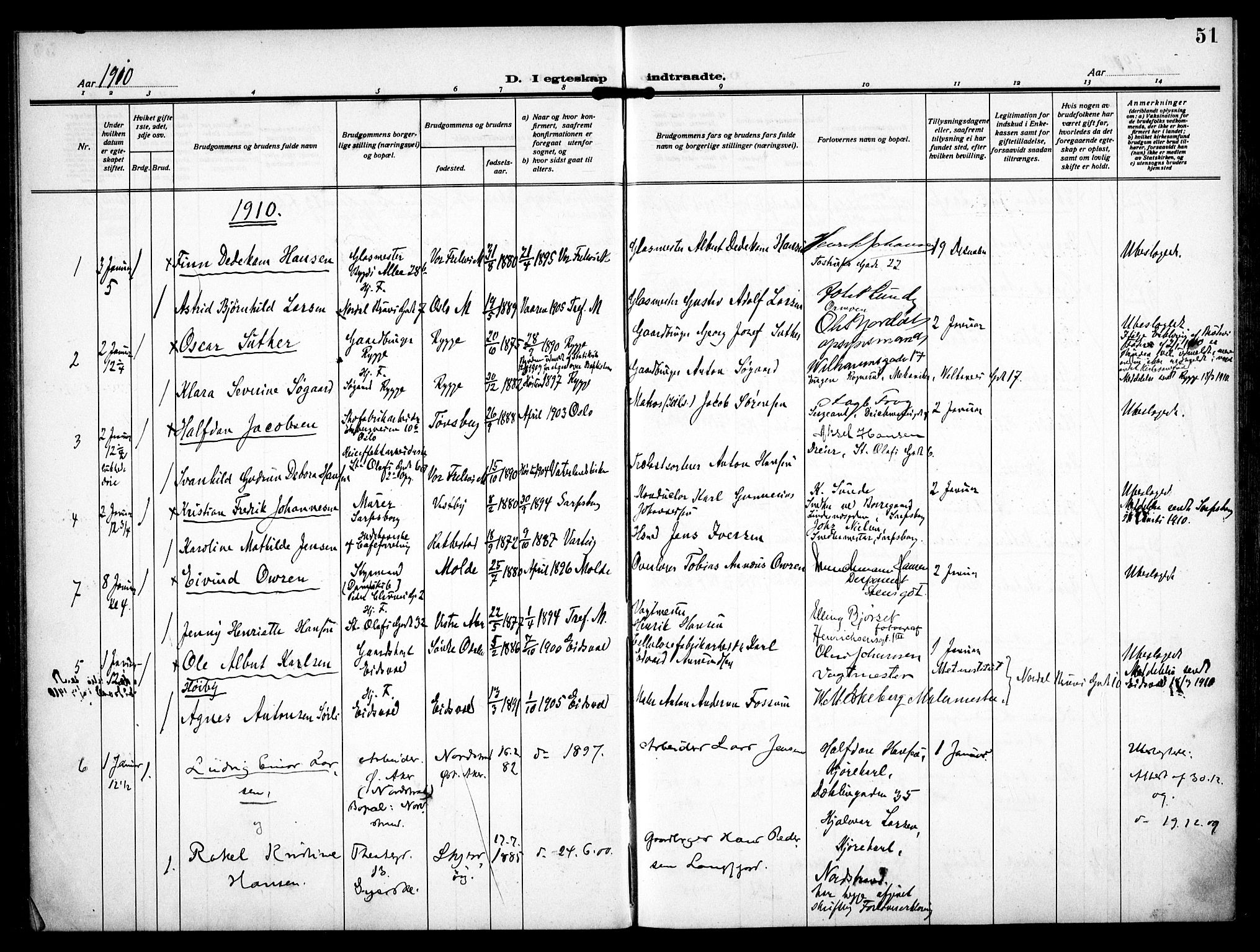 Trefoldighet prestekontor Kirkebøker, SAO/A-10882/F/Fc/L0006: Parish register (official) no. III 6, 1908-1914, p. 51
