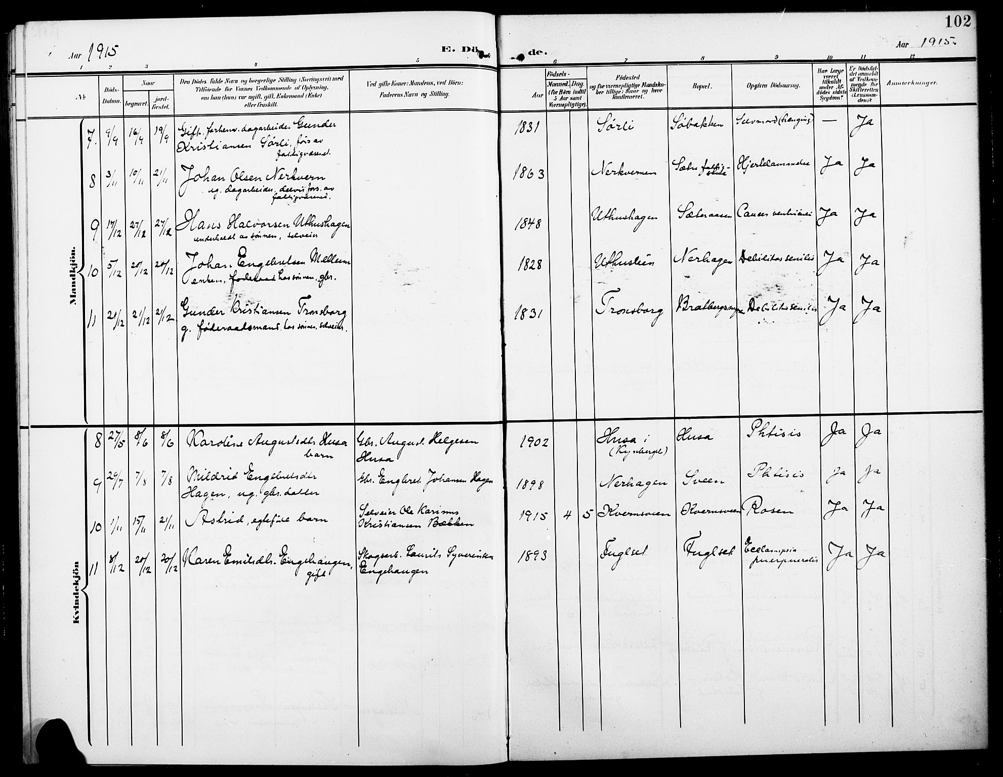 Elverum prestekontor, SAH/PREST-044/H/Ha/Hab/L0008: Parish register (copy) no. 8, 1908-1918, p. 102