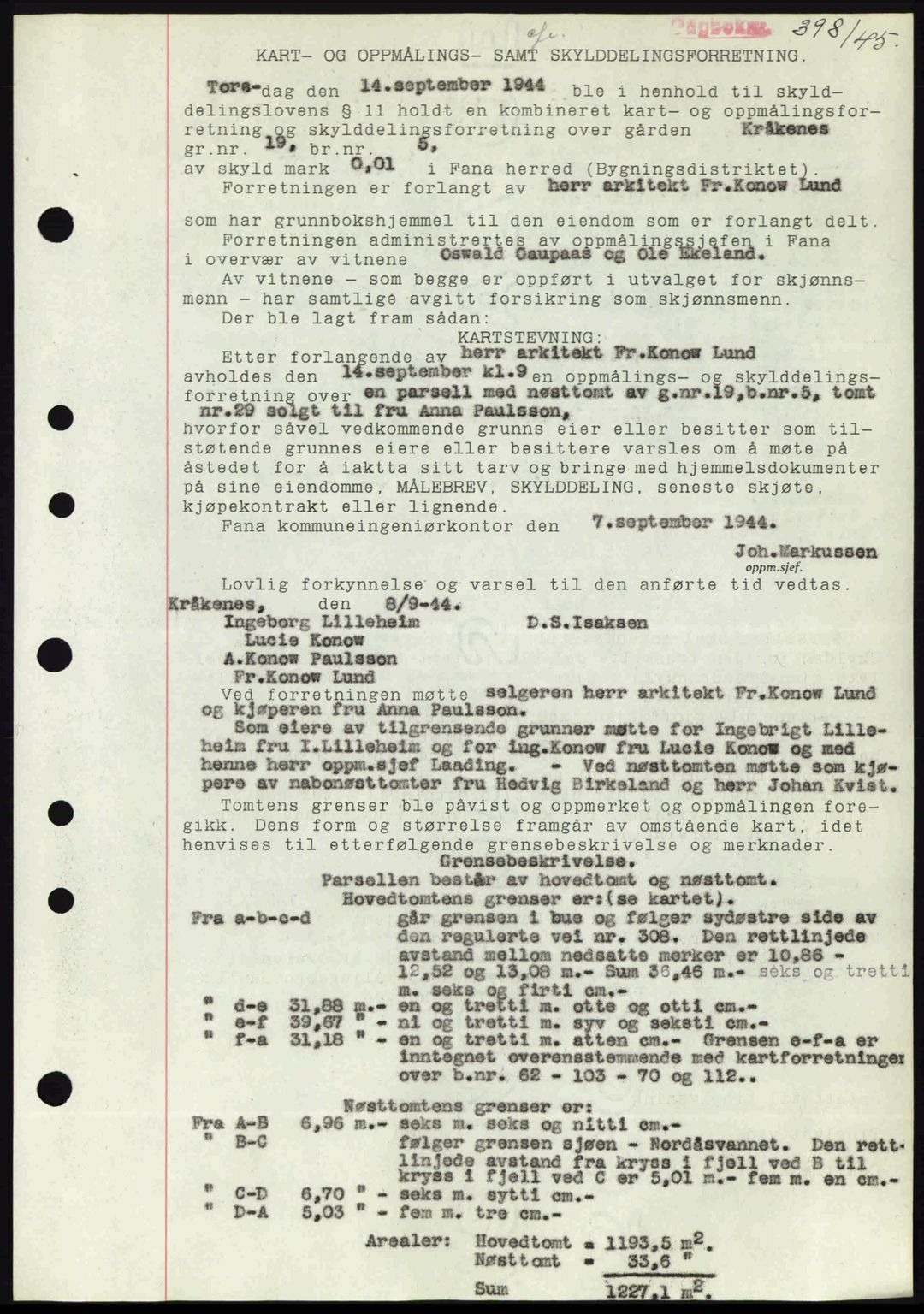 Midhordland sorenskriveri, AV/SAB-A-3001/1/G/Gb/Gbj/L0019: Mortgage book no. A37-38, 1944-1945, Diary no: : 398/1945