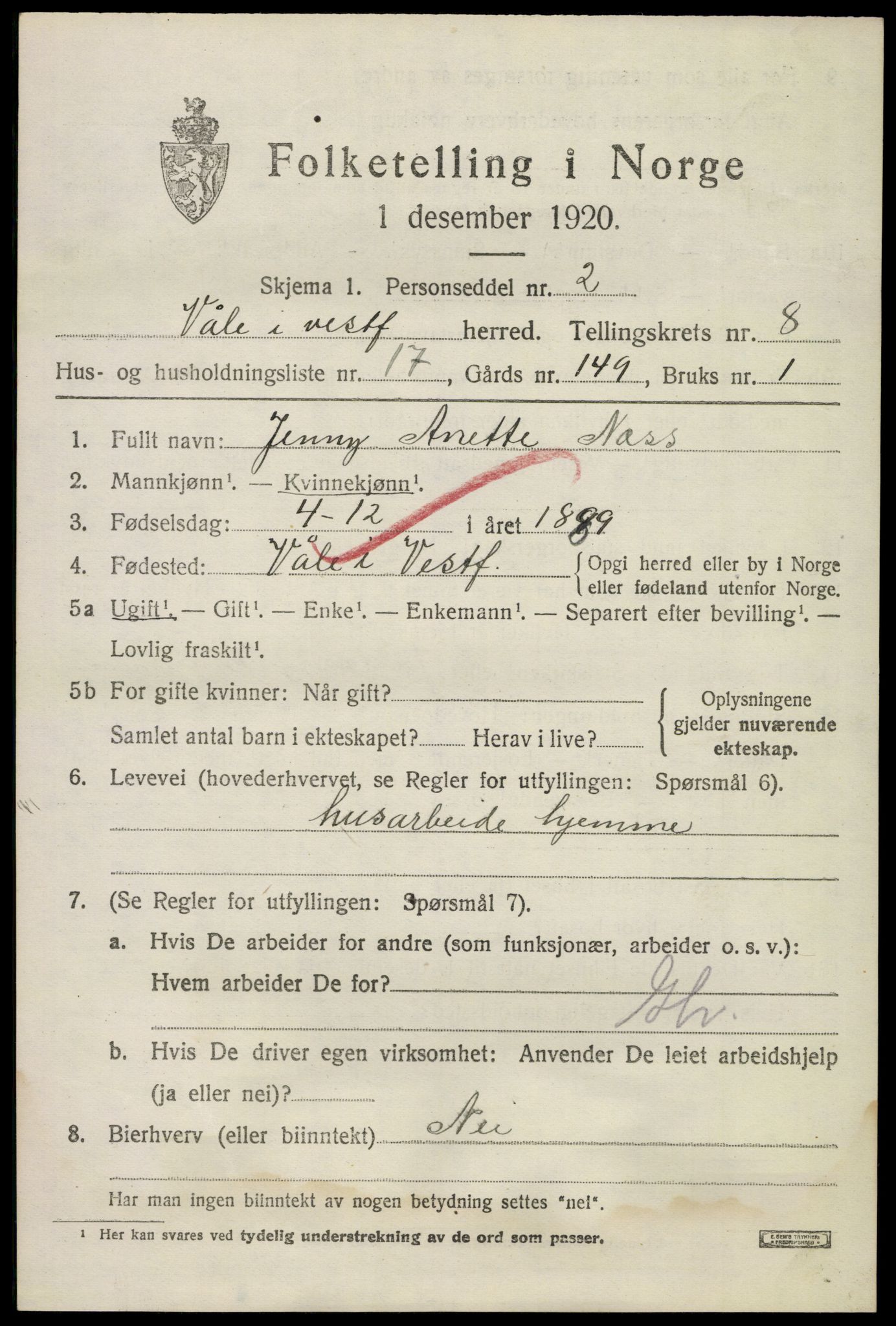 SAKO, 1920 census for Våle, 1920, p. 6338