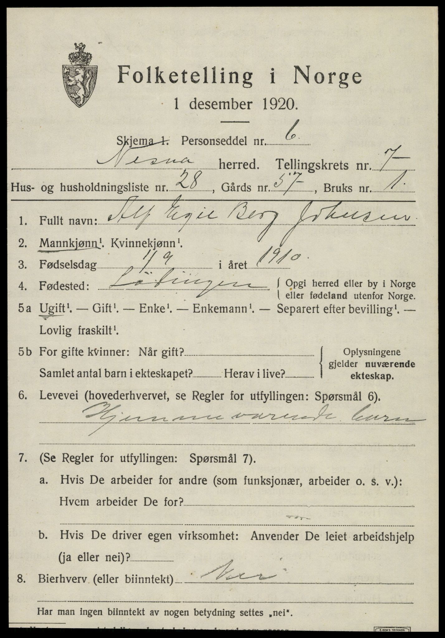 SAT, 1920 census for Nesna, 1920, p. 5743