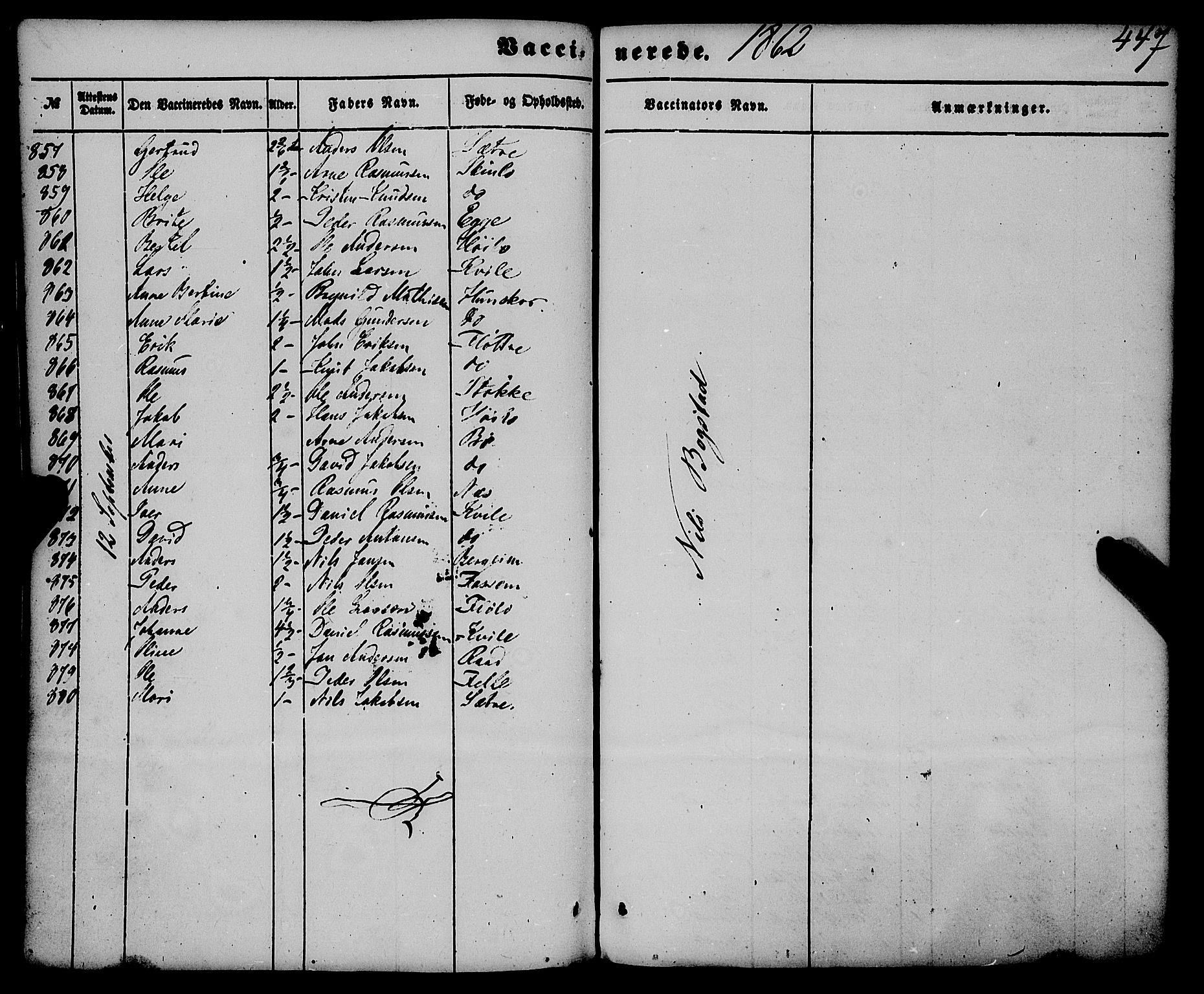 Gloppen sokneprestembete, SAB/A-80101/H/Haa/Haaa/L0009: Parish register (official) no. A 9, 1855-1870, p. 447