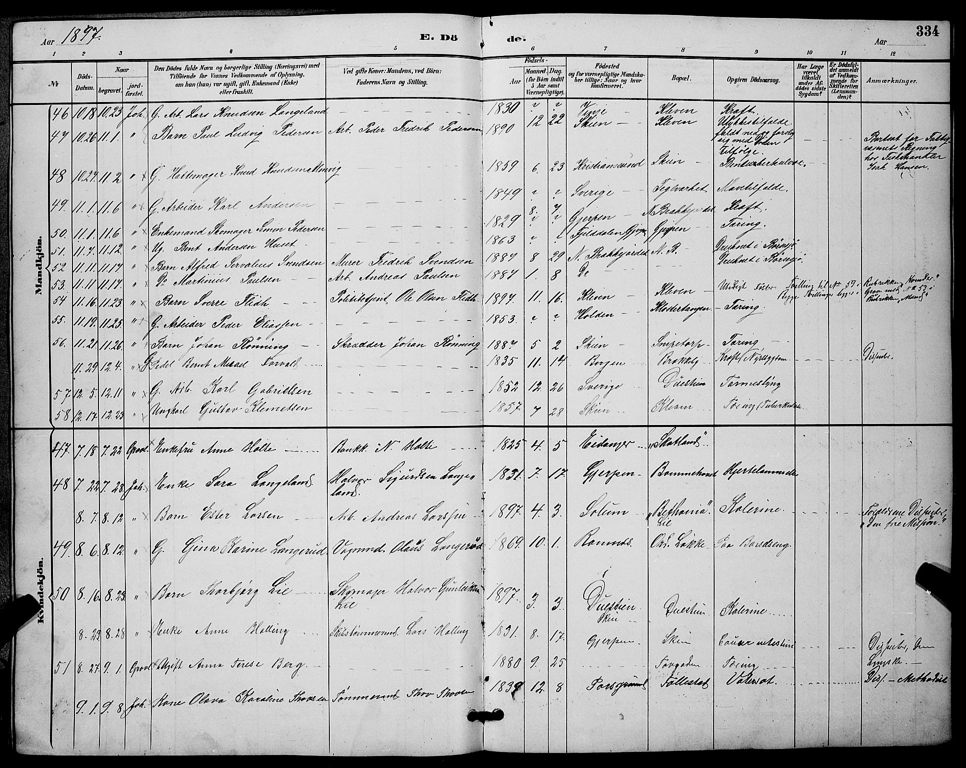 Skien kirkebøker, AV/SAKO-A-302/G/Ga/L0007: Parish register (copy) no. 7, 1891-1900, p. 334