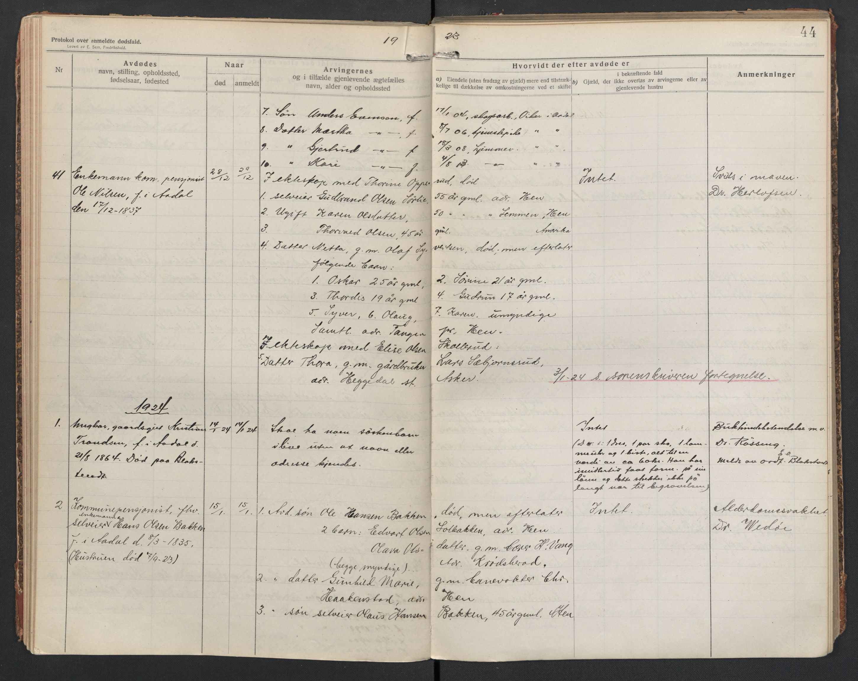 Ådal lensmannskontor, AV/SAKO-A-518/H/Ha/L0001/0002: Dødsfallsprotokoll  / Dødsfallsprotokoll 2, 1919-1942, p. 44